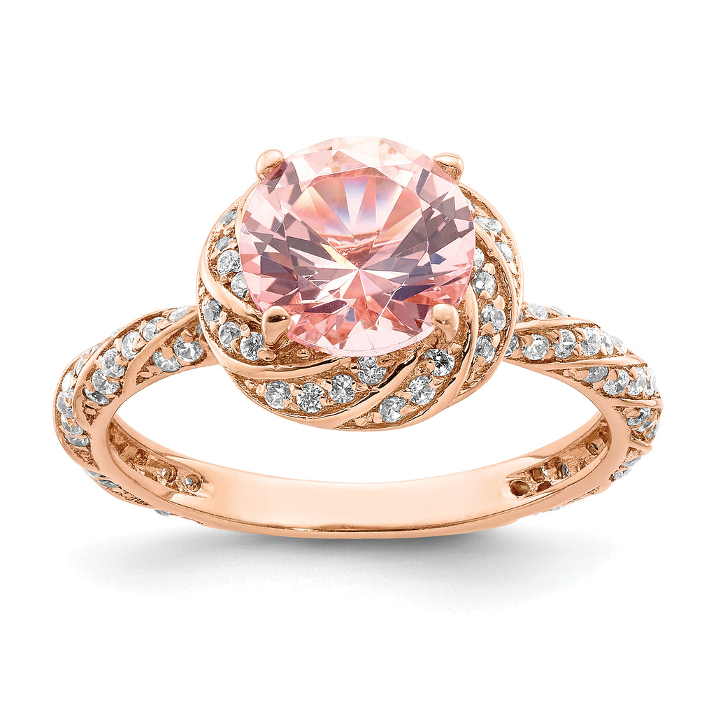 Sterling Silver Rose-tone White CZ and Pink Crystal Ring