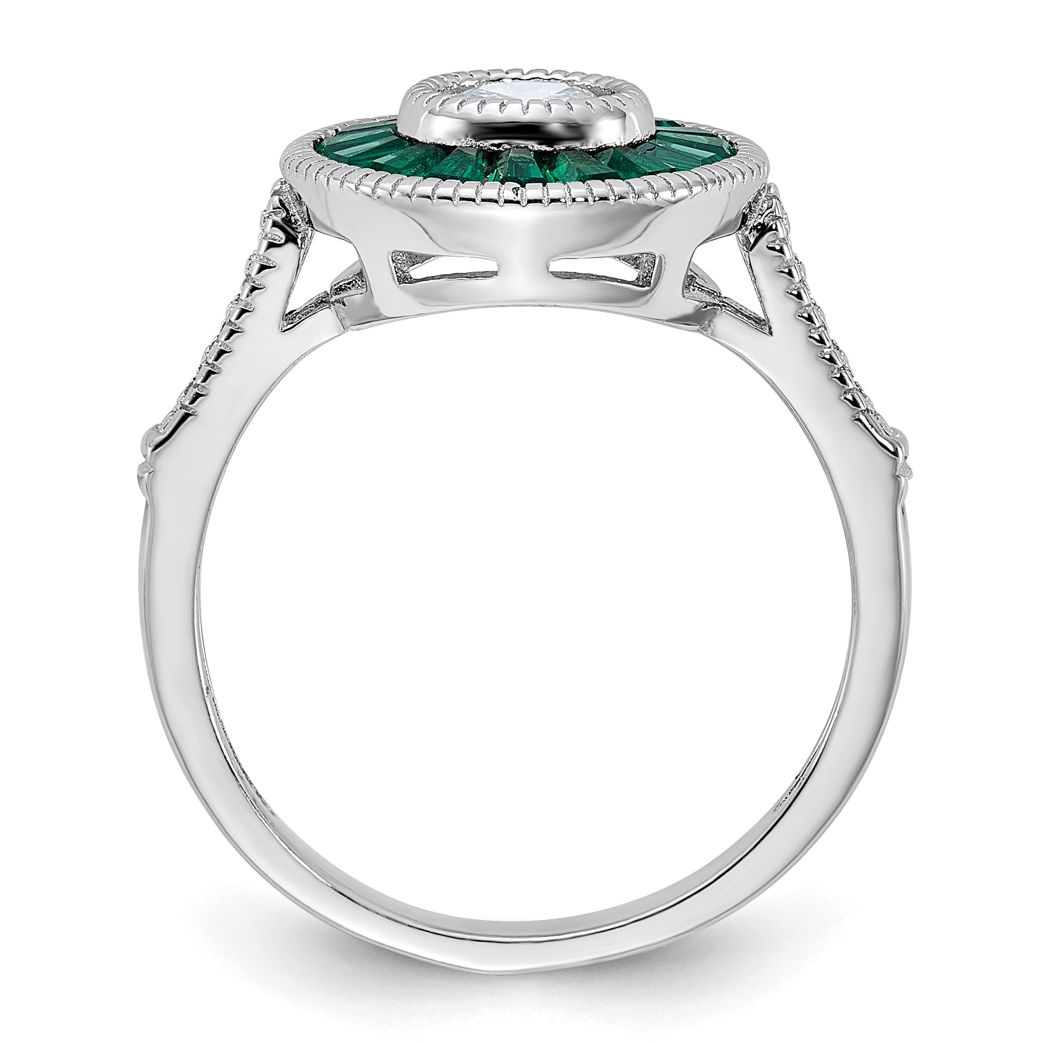 Sterling Silver Rhodium-plated Synthetic Green Spinel and CZ Ring Secondary image