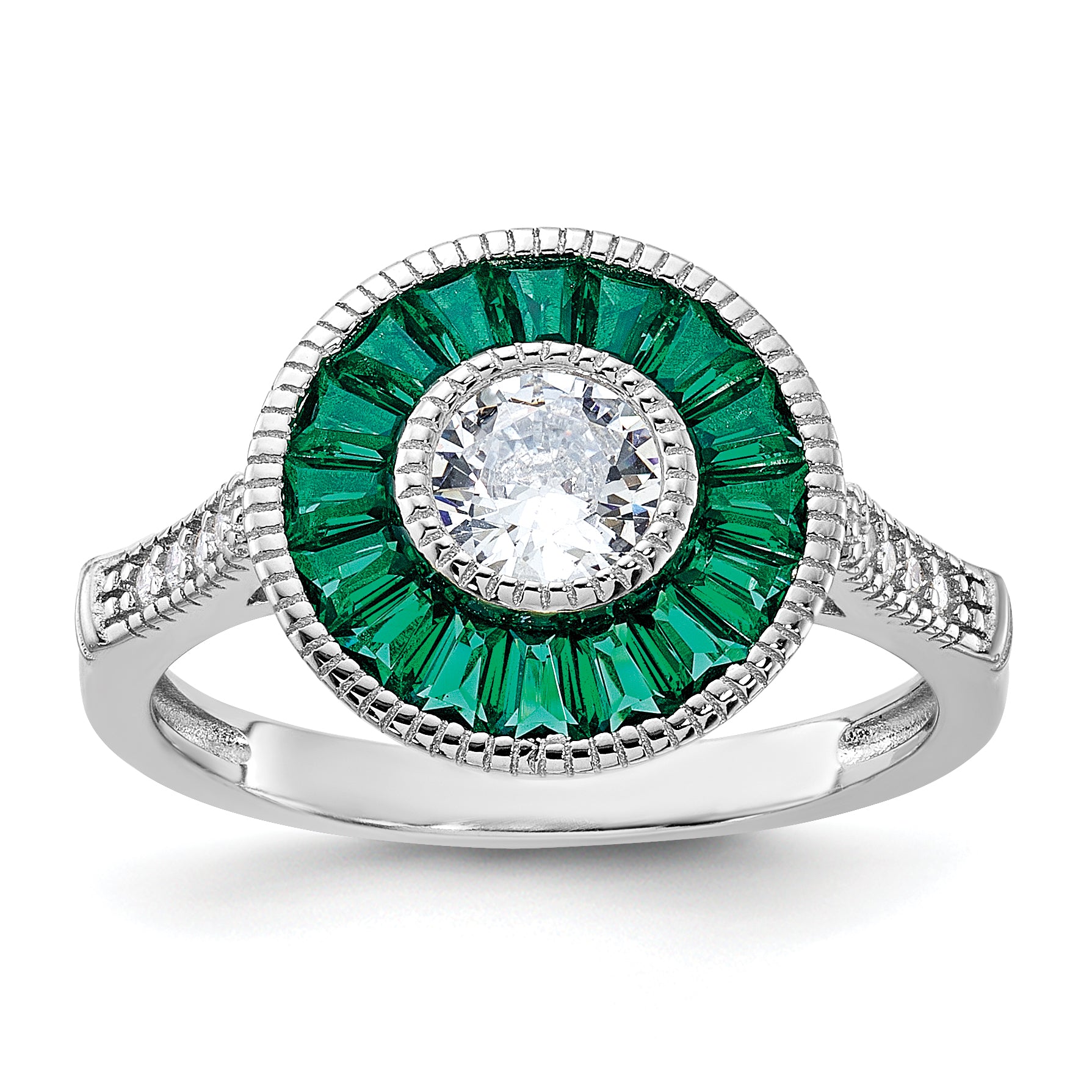 Sterling Silver Rhodium-plated Synthetic Green Spinel and CZ Ring Main image