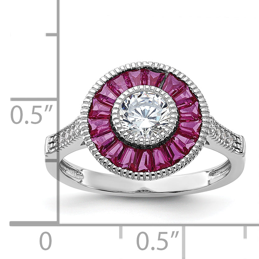 Sterling Silver Rhodium-plated Polished Created Ruby and CZ Ring