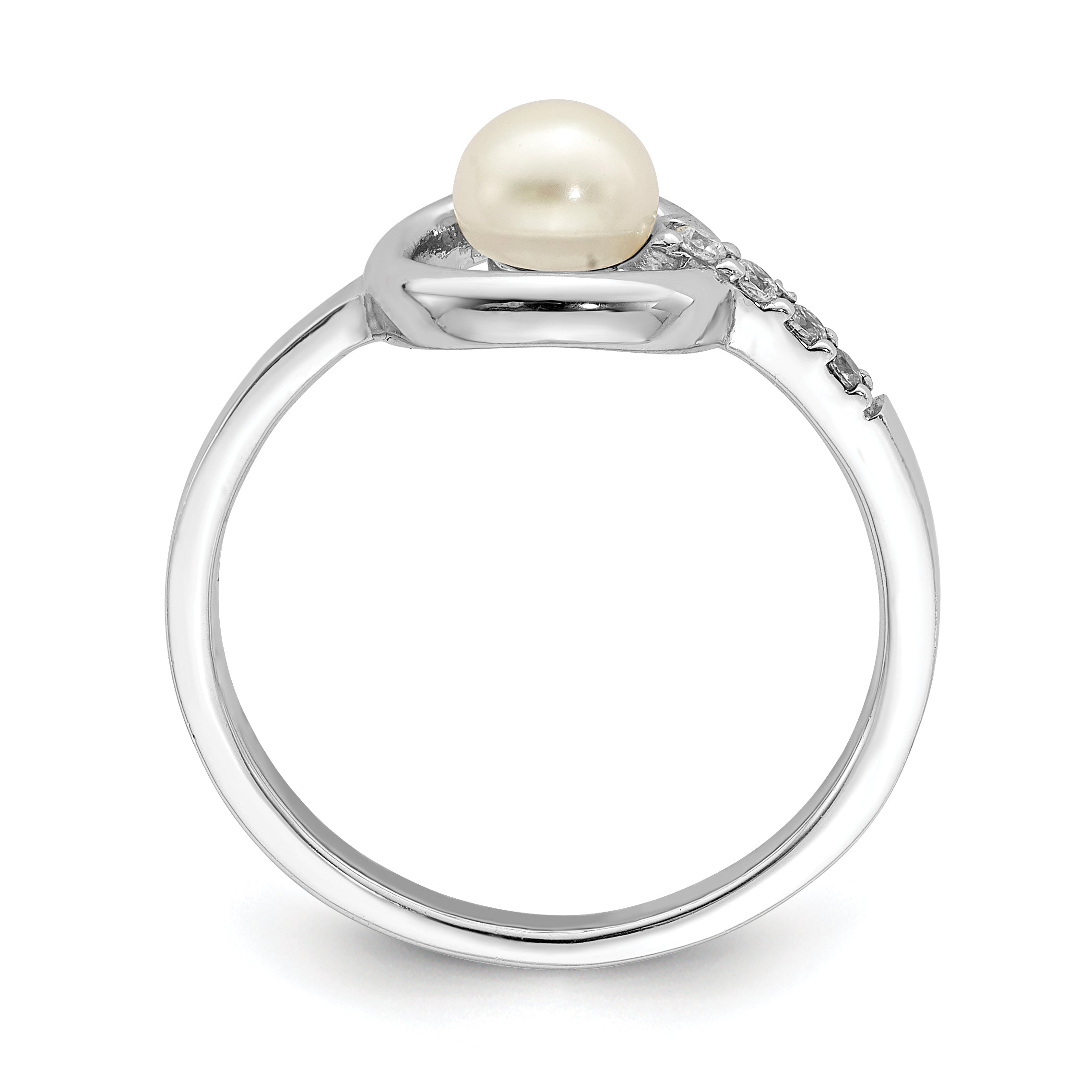 Sterling Silver Rhodium-plated CZ 5-6mm Button FWC Pearl in Circle Ring Secondary image