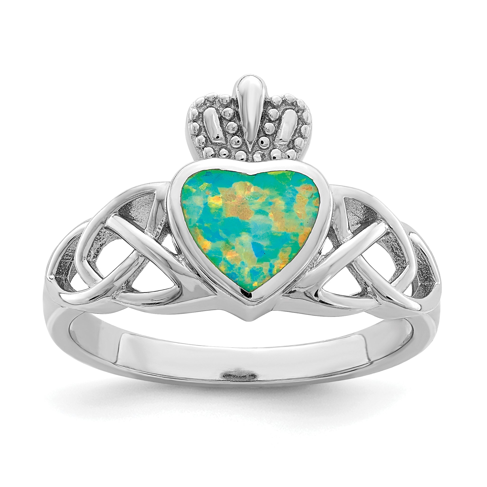 Sterling Silver Rhod-plated Lab Created Opal Celtic Knot Crown Ring Main image