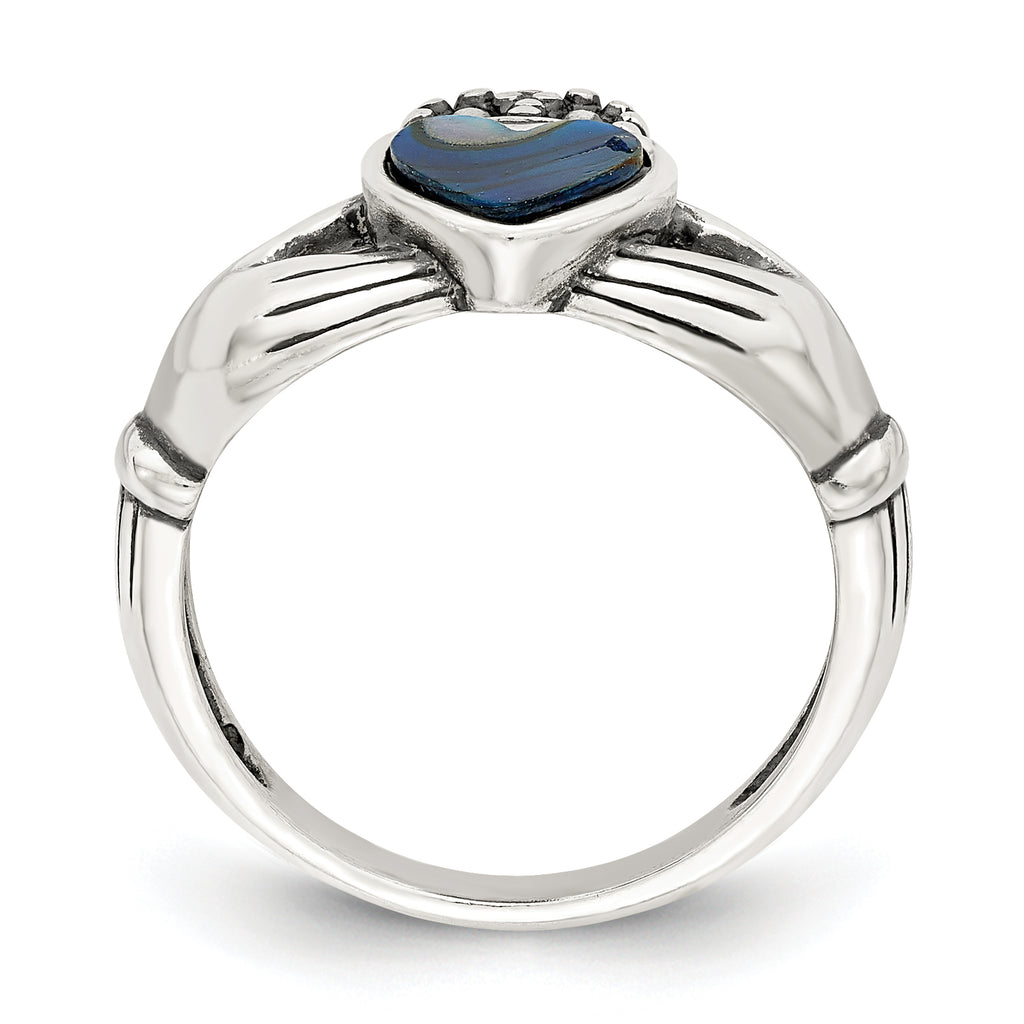 Sterling Silver Antiqued Abalone Inlay and Black Enamel Claddagh Ring