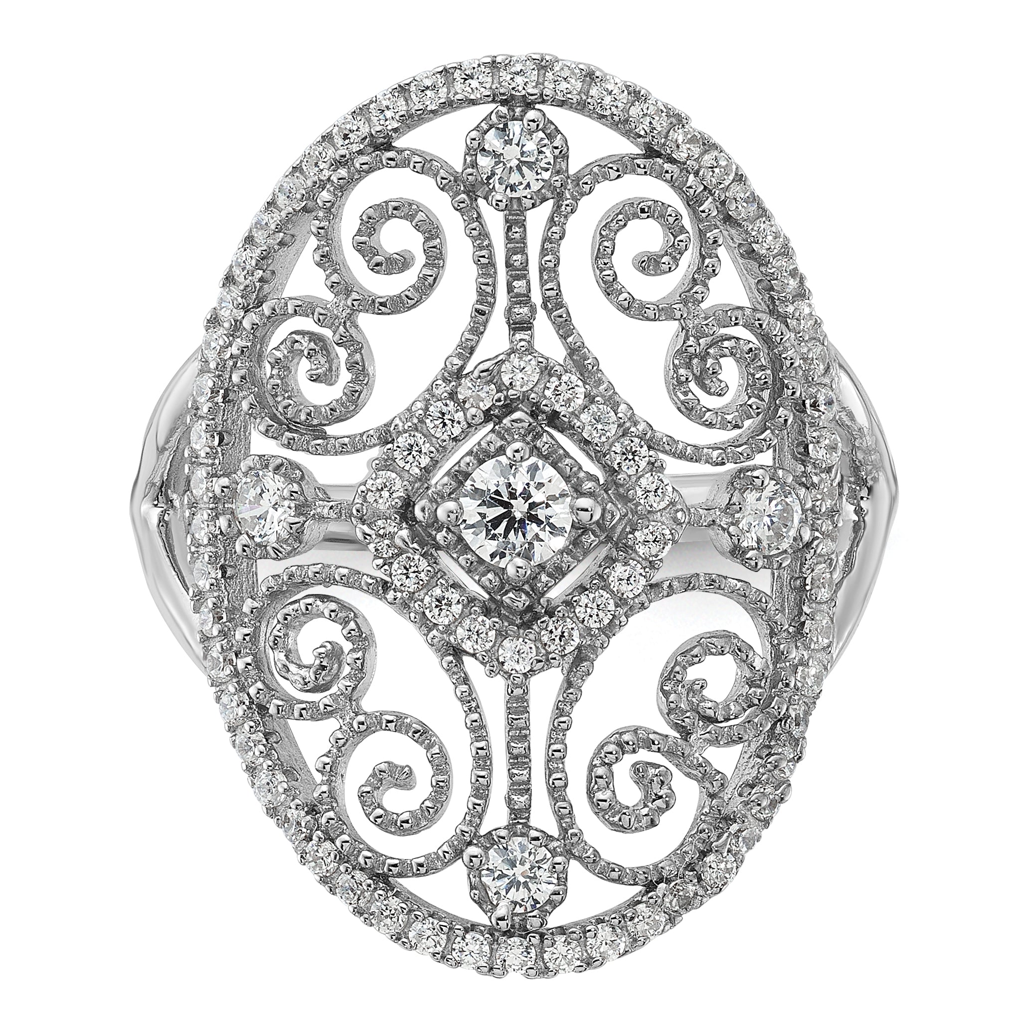 Sterling Silver Rhodium-plated CZ Filigree Oval Ring