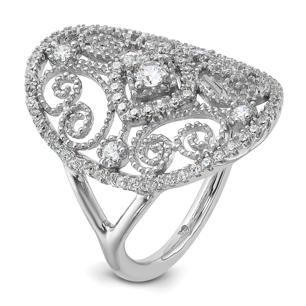 Sterling Silver Rhodium-Plated Cubic Zirconi Filigree Oval Ring