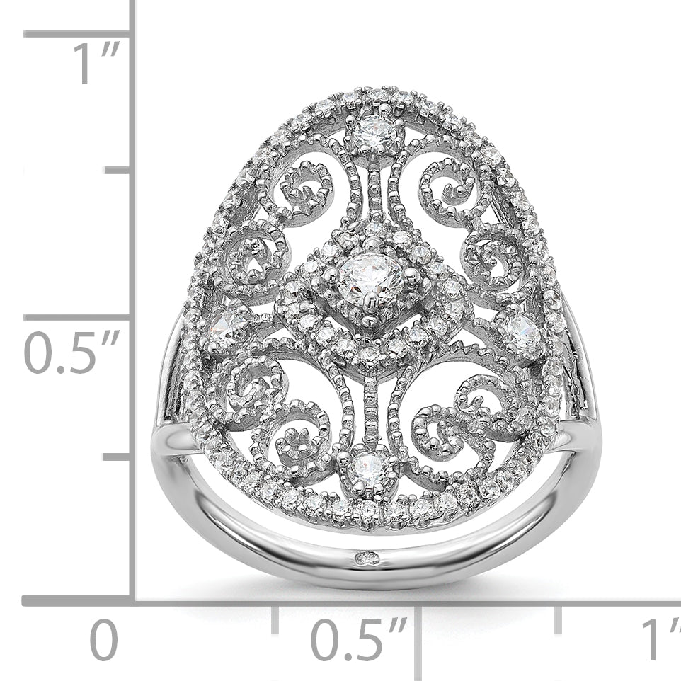 Sterling Silver Rhodium-Plated Cubic Zirconi Filigree Oval Ring