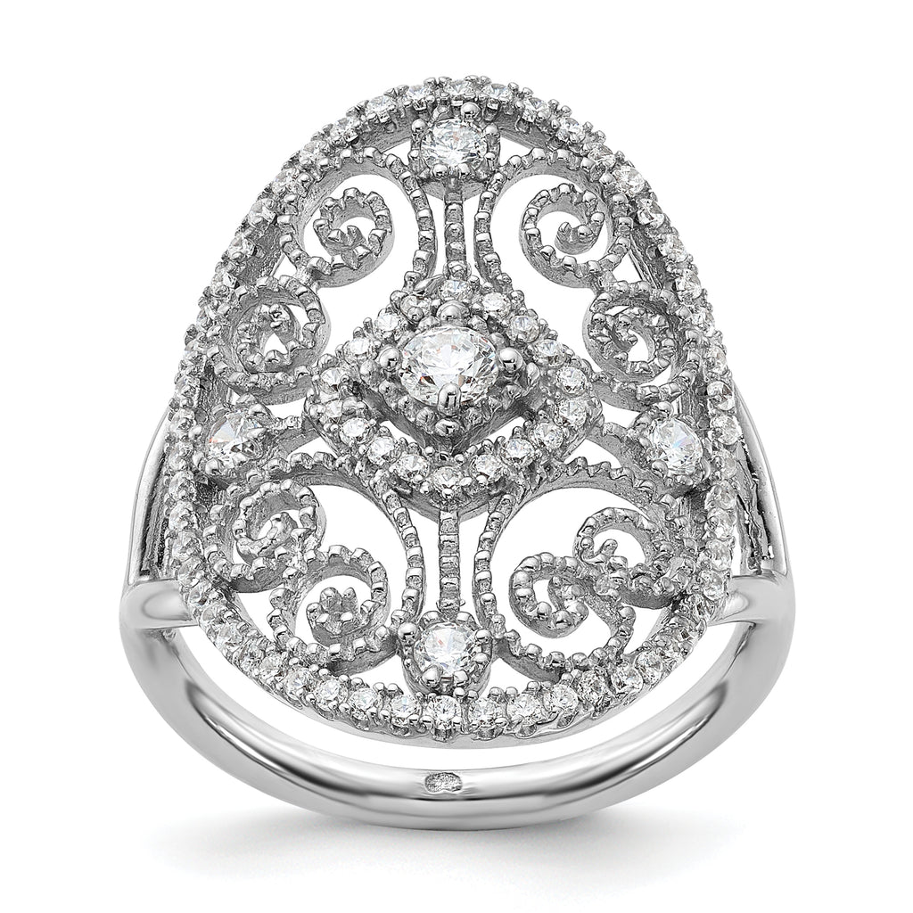 Sterling Silver Rhodium-Plated Cubic Zirconi Filigree Oval Ring