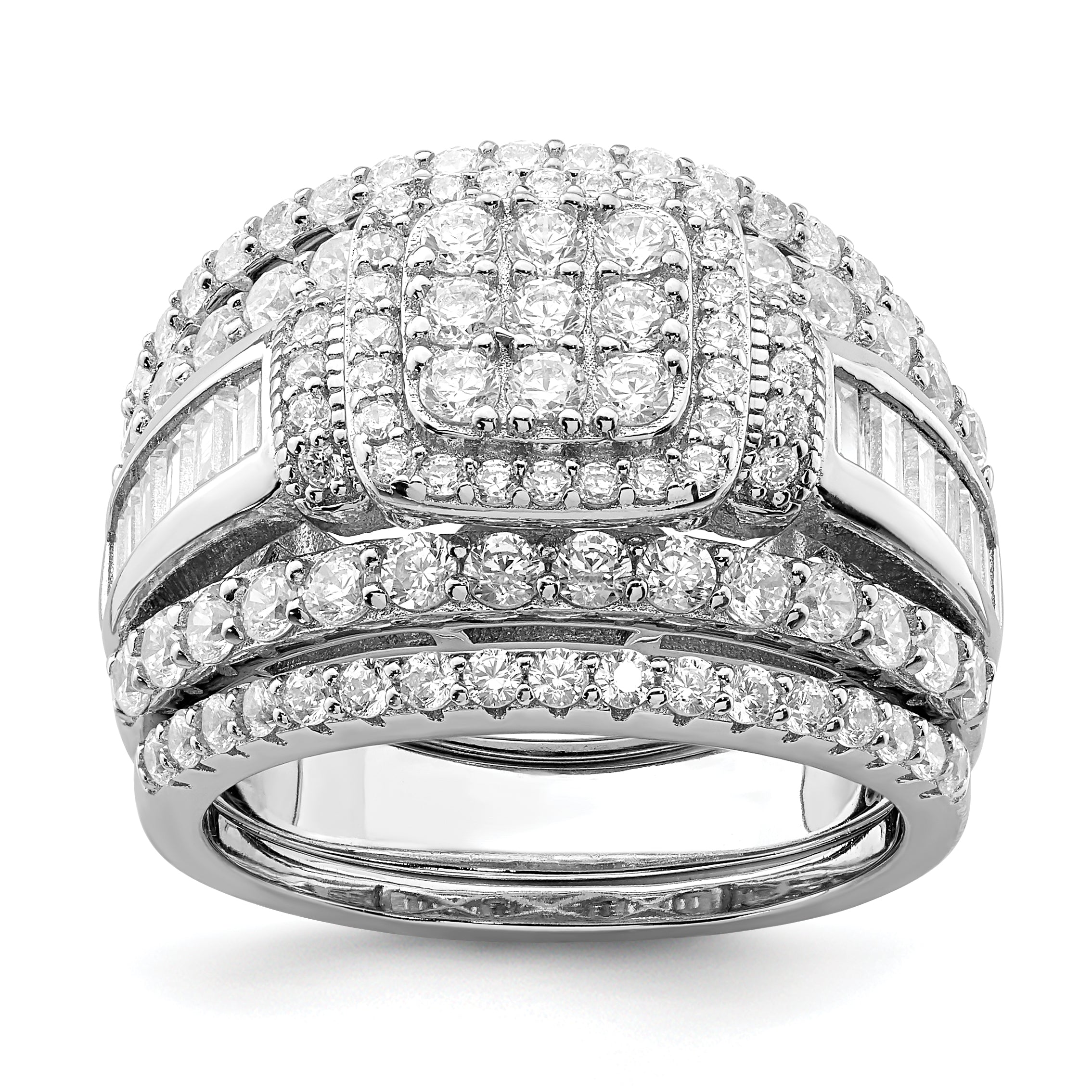 Sterling Silver Rhodium-Plated Cubic Zirconi Square Cut 3 Piece Set Ring