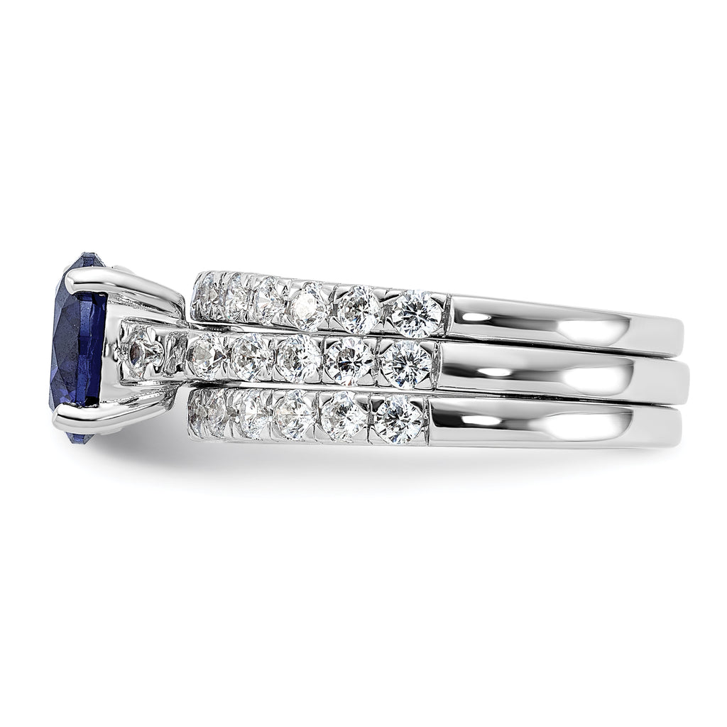 Sterling Silver Rhodium-Plated 8mm Blue Cubic Zirconi Engagement Ring and White Cubic Zirconi Wedding Band Set