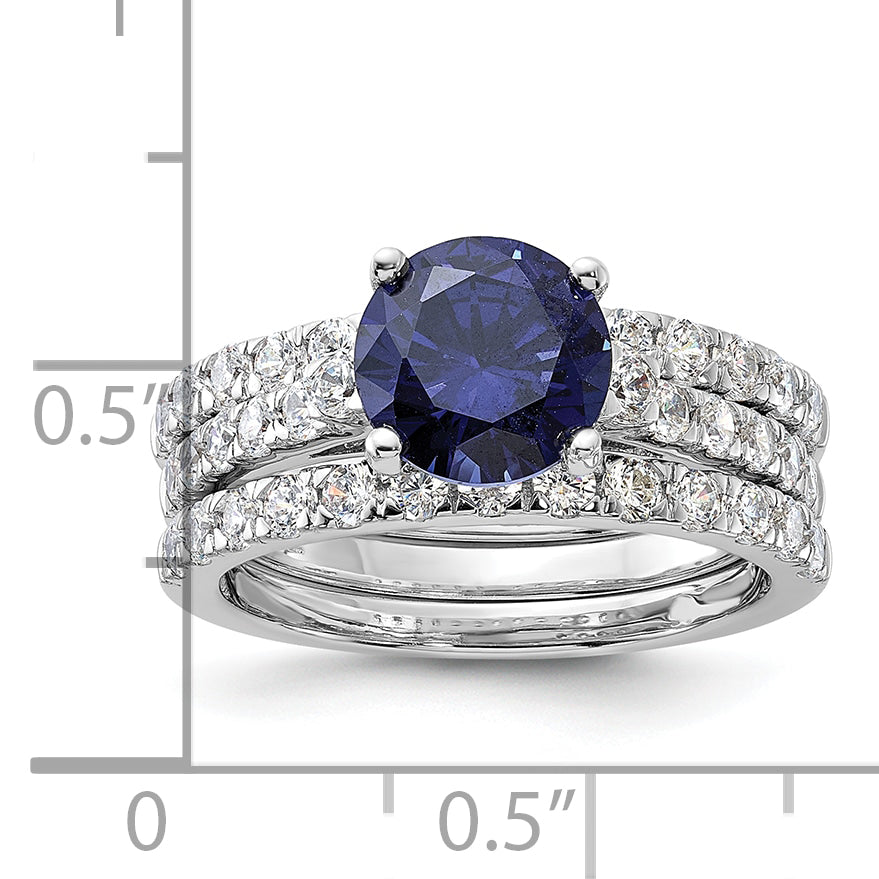 Sterling Silver Rhodium-Plated 8mm Blue Cubic Zirconi Engagement Ring and White Cubic Zirconi Wedding Band Set
