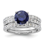 Sterling Silver Rhodium-Plated 8mm Blue Cubic Zirconi Engagement Ring and White Cubic Zirconi Wedding Band Set