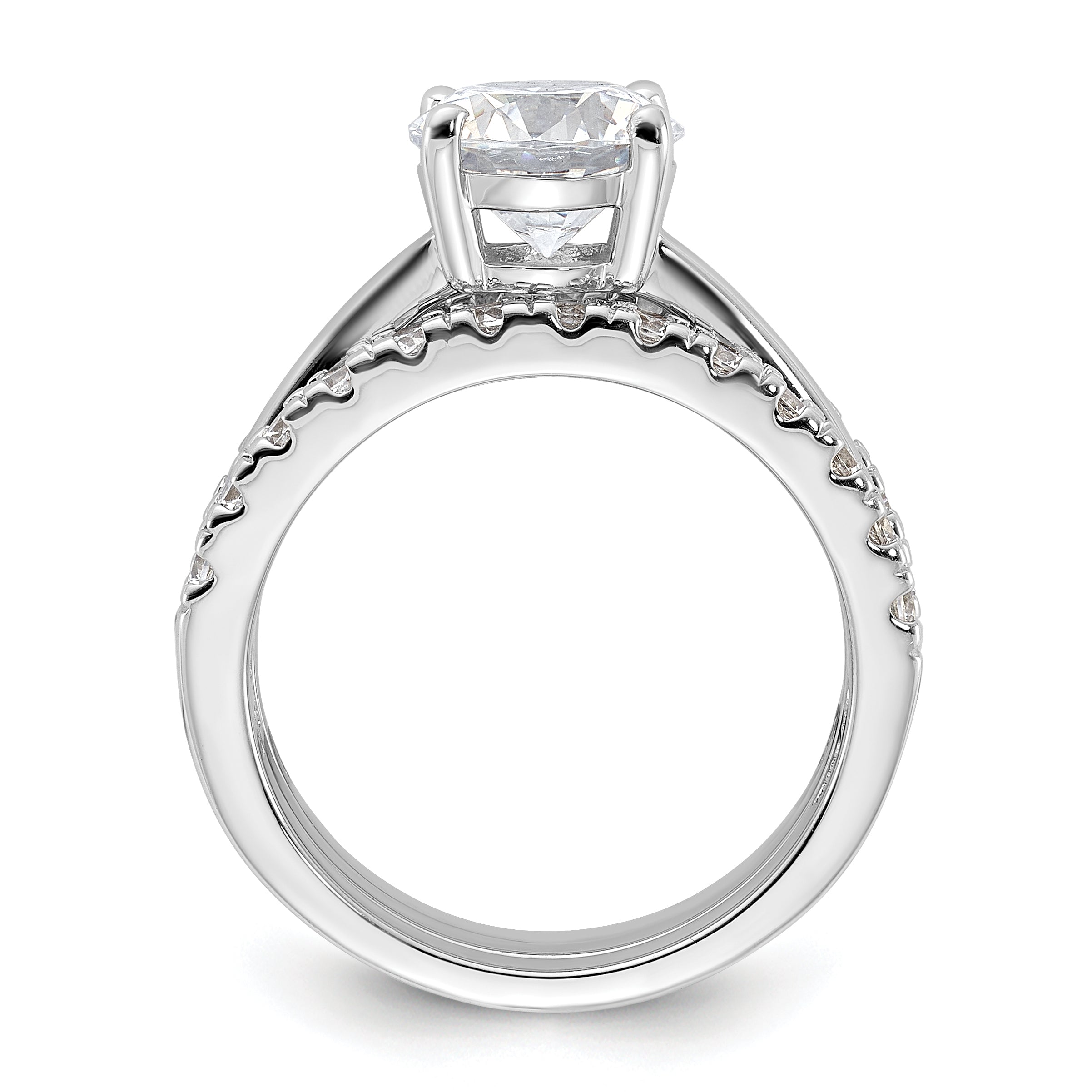 Sterling Silver Rhodium-plated 8mm CZ Solitaire & 2 CZ Bands Set