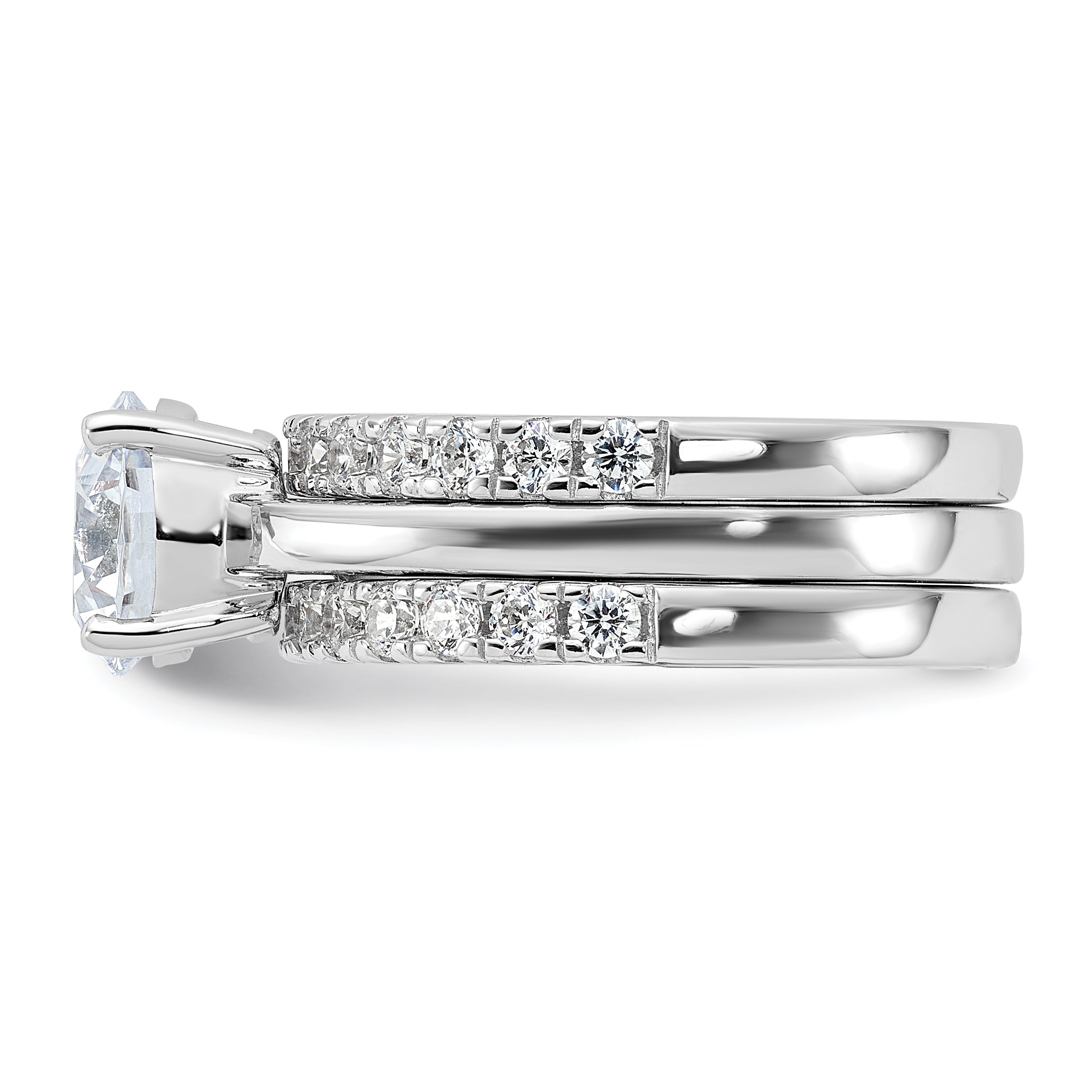 Sterling Silver Rhodium-Plated 8mm Cubic Zirconi Solitaire & 2 Cubic Zirconi Bands Set