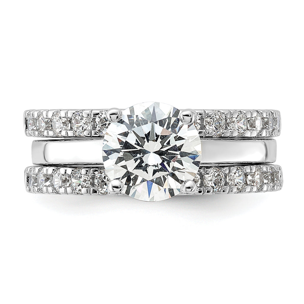 Sterling Silver Rhodium-Plated 8mm Cubic Zirconi Solitaire & 2 Cubic Zirconi Bands Set