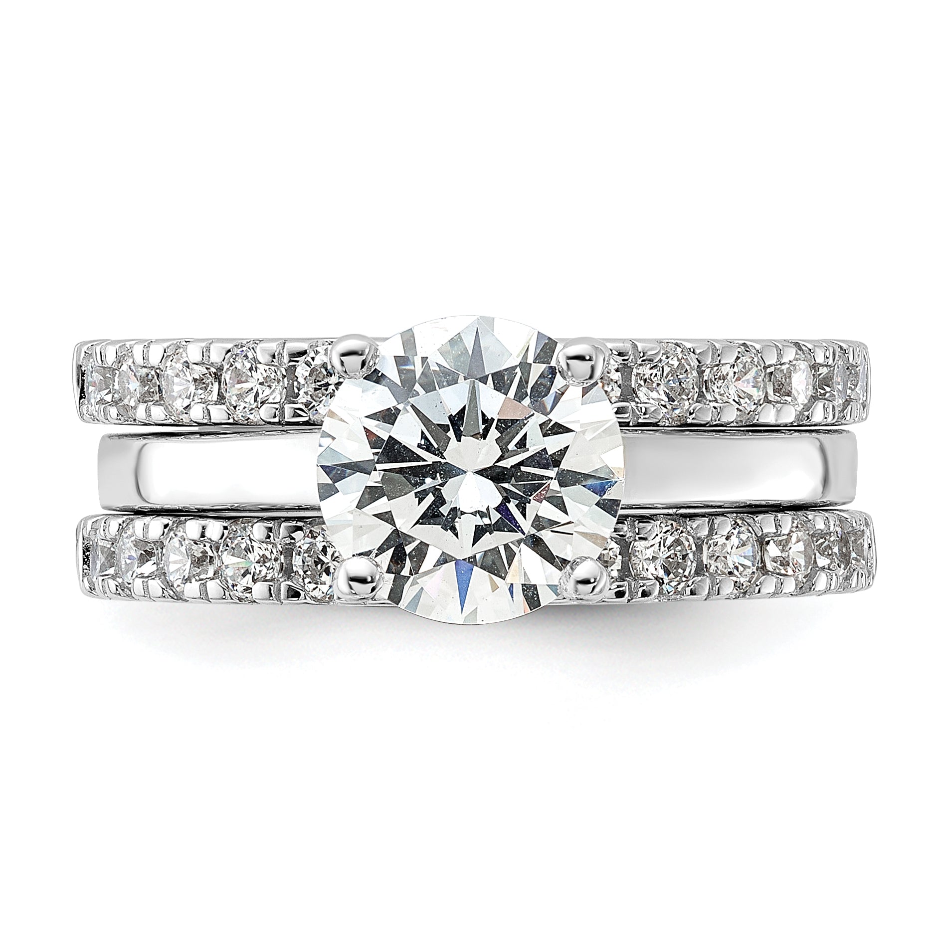 Sterling Silver Rhodium-Plated 8mm Cubic Zirconi Solitaire & 2 Cubic Zirconi Bands Set