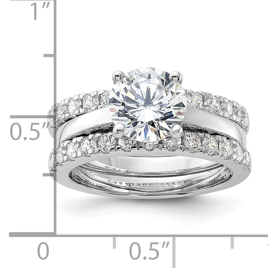 Sterling Silver Rhodium-Plated 8mm Cubic Zirconi Solitaire & 2 Cubic Zirconi Bands Set