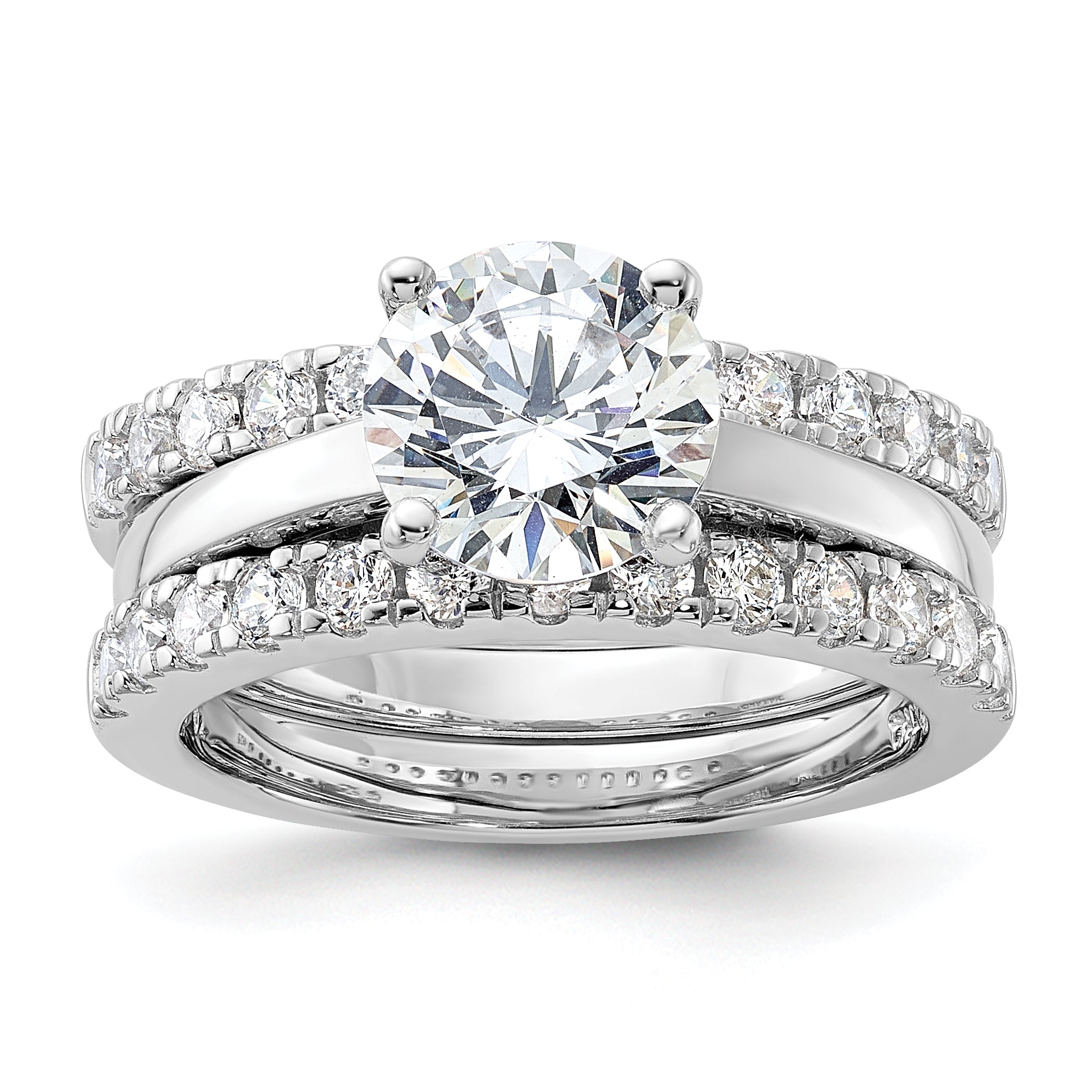 Sterling Silver Rhodium-Plated 8mm Cubic Zirconi Solitaire & 2 Cubic Zirconi Bands Set Main image