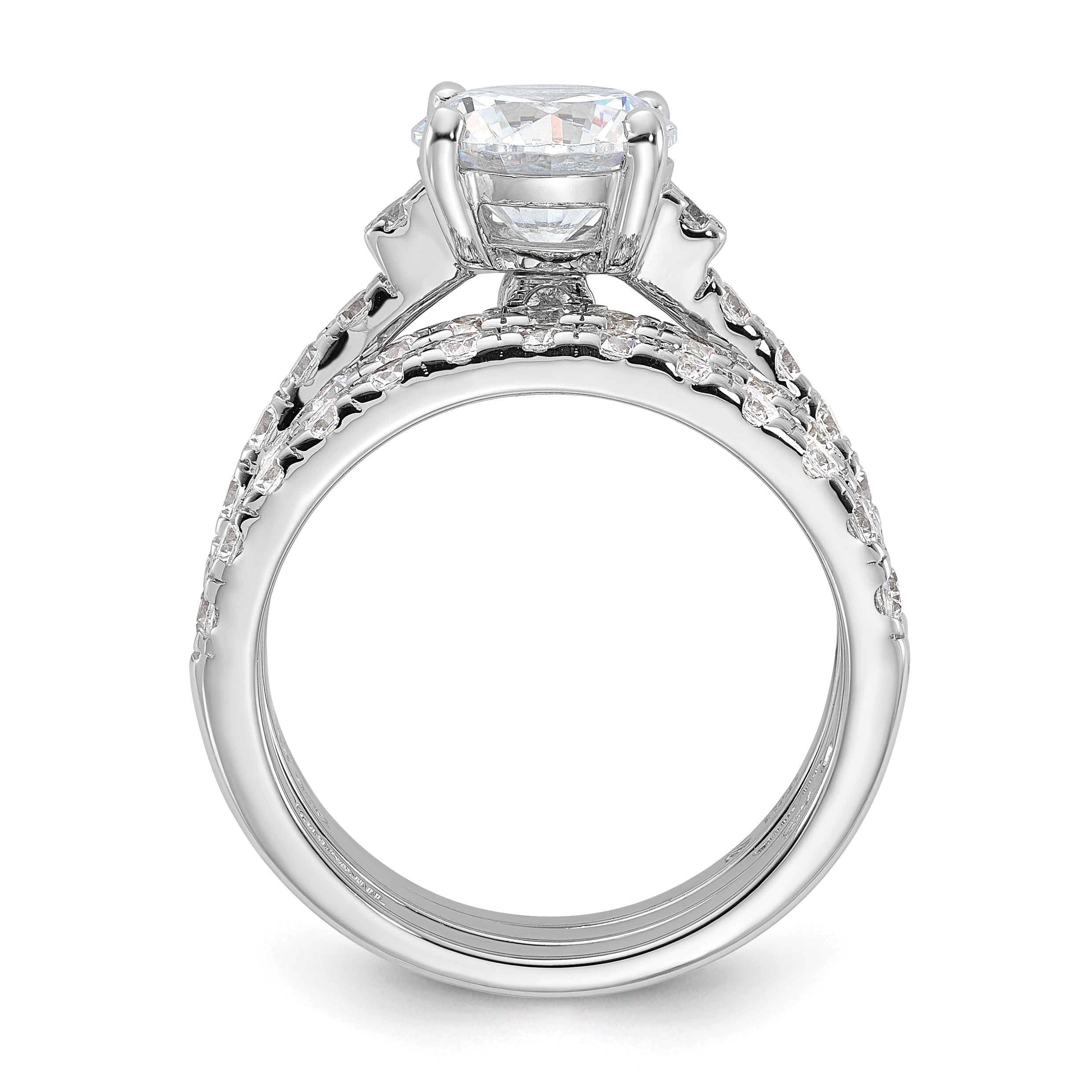 Sterling Silver Rhodium-Plated 8mm Cubic Zirconi Ring & 2 Cubic Zirconi Band Set