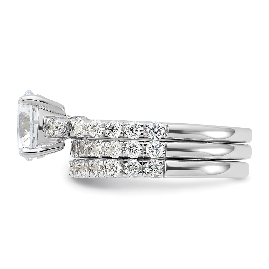 Sterling Silver Rhodium-Plated 8mm Cubic Zirconi Ring & 2 Cubic Zirconi Band Set