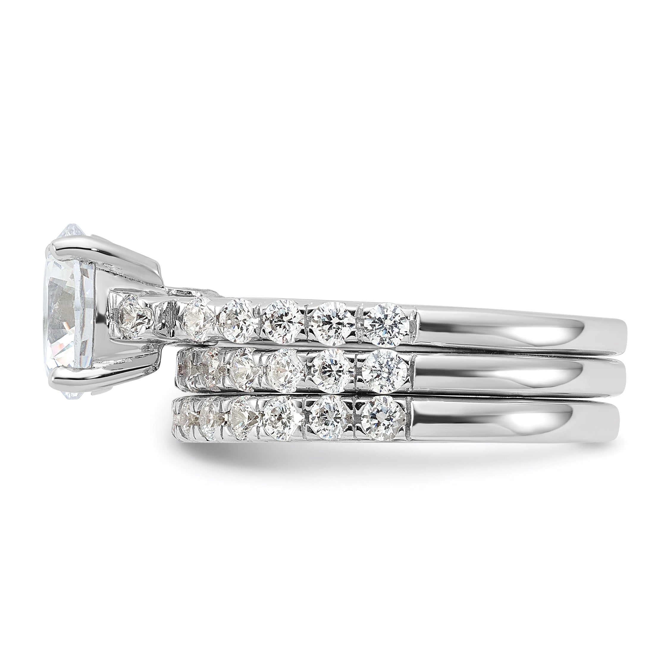 Sterling Silver Rhodium-Plated 8mm Cubic Zirconi Ring & 2 Cubic Zirconi Band Set