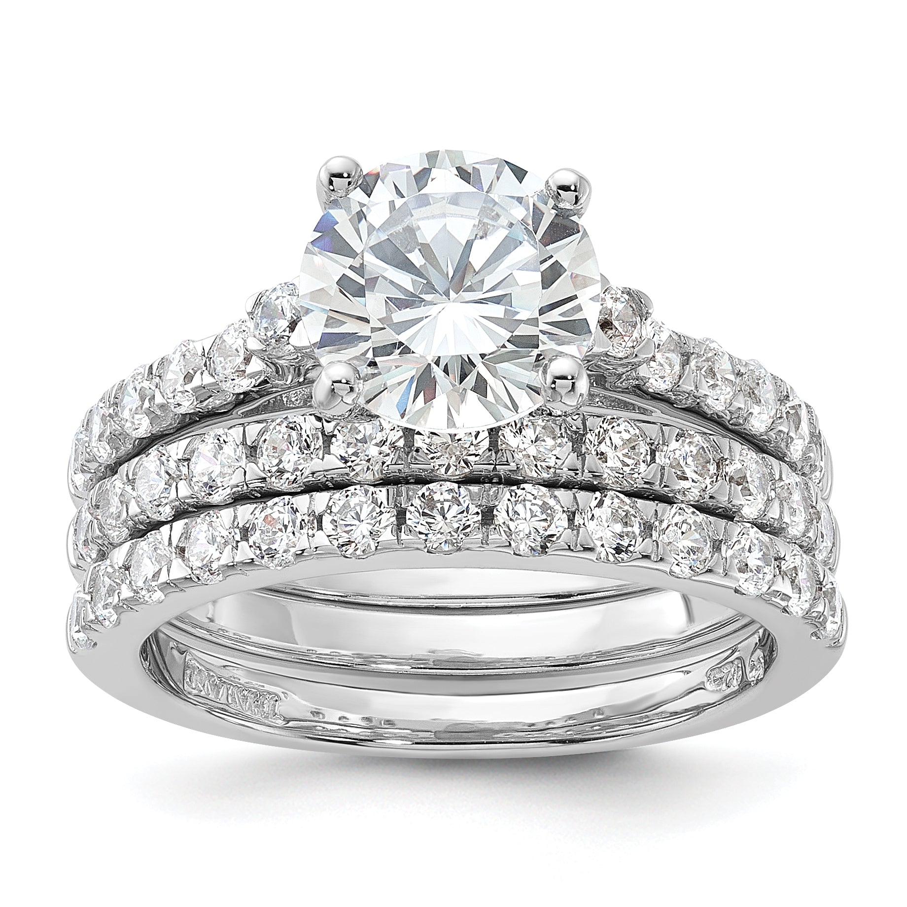 Sterling Silver Rhodium-Plated 8mm Cubic Zirconi Ring & 2 Cubic Zirconi Band Set