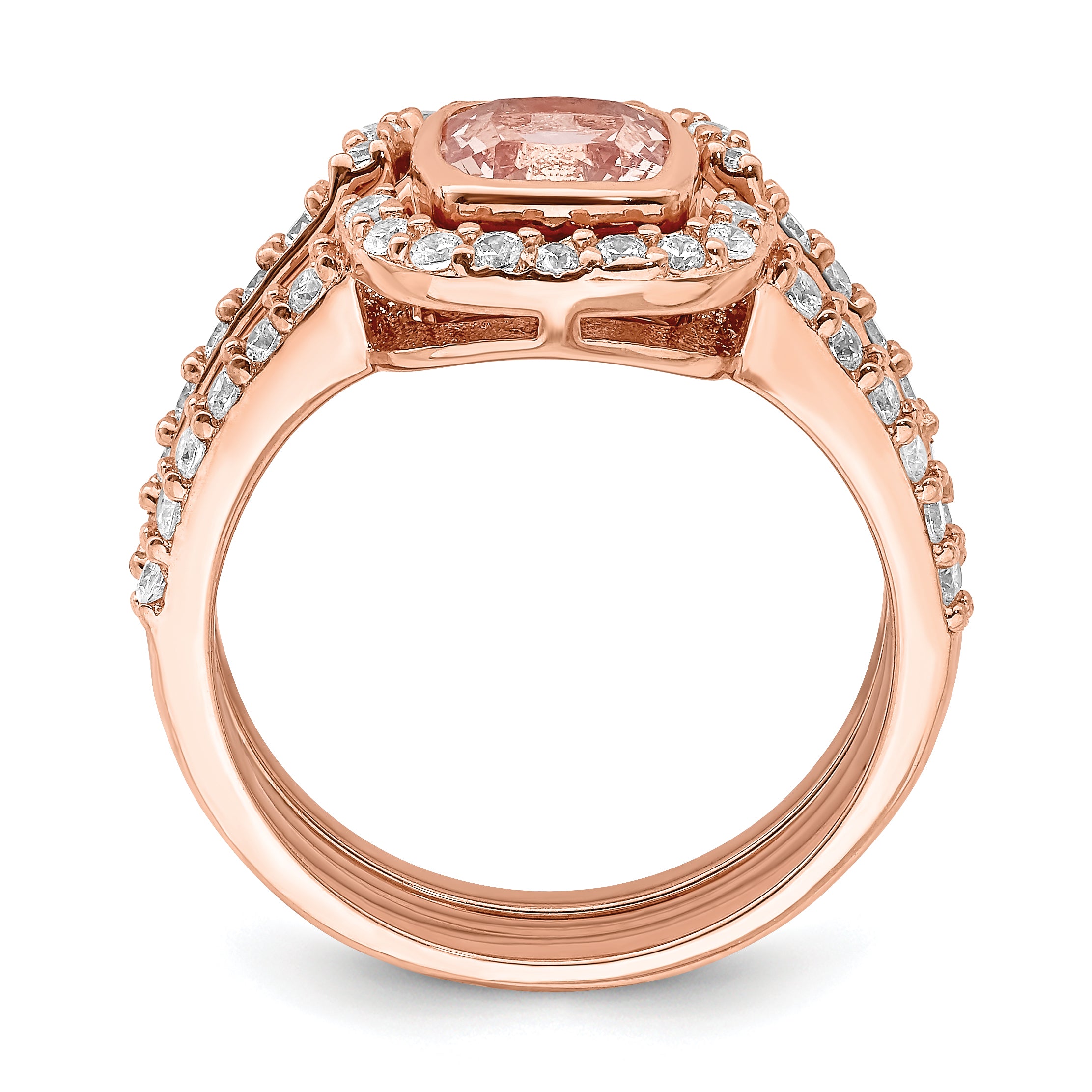 Sterling Silver 3 Piece Rose-tone Pink Crystal & CZ Ring Set