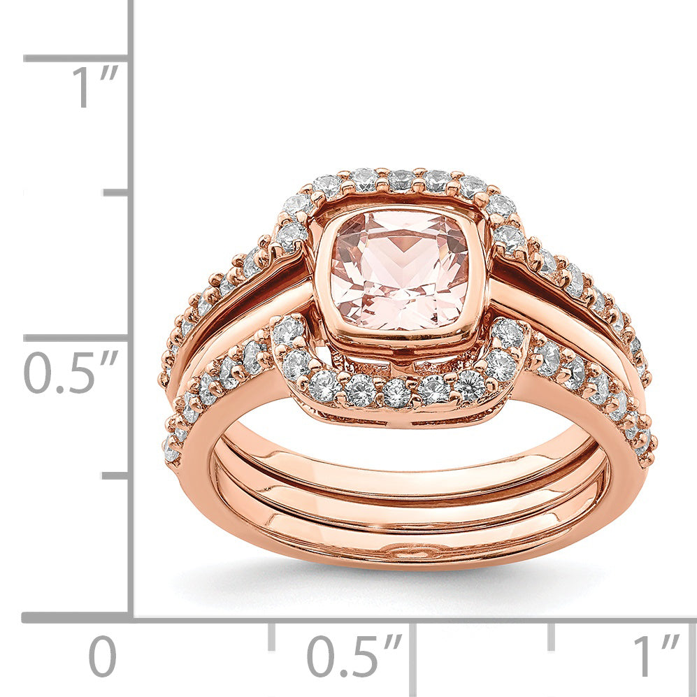 Sterling Silver  3 Piece Rose-tone Pink Crystal & Cubic Zirconi Ring Set