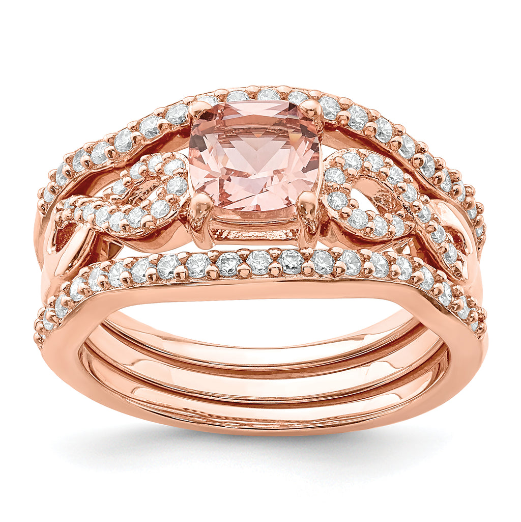 Sterling Silver Rose-tone 3 Piece Pink Crystal & Cubic Zirconi Ring Set