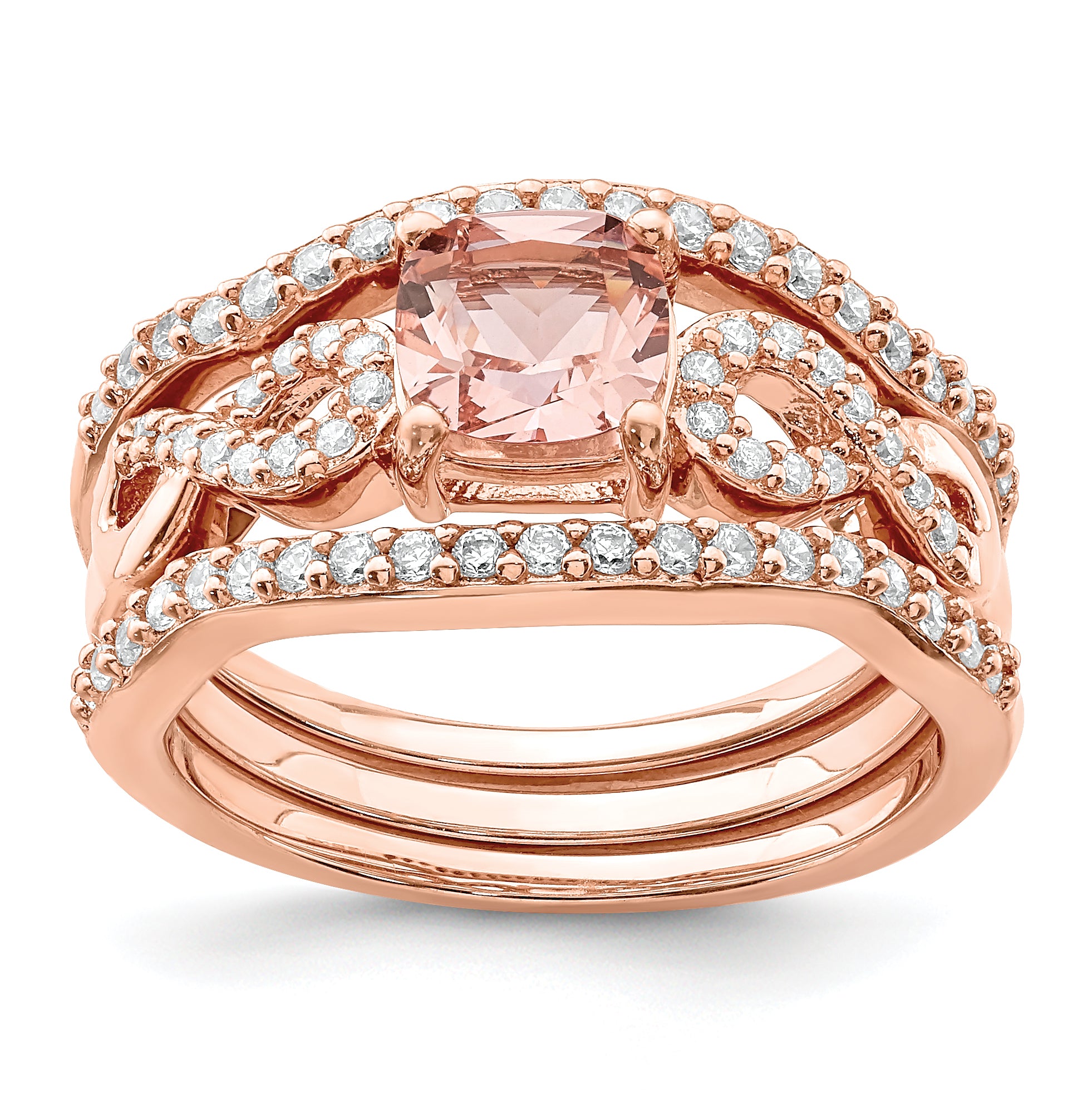 Sterling Silver Rose-tone 3 Piece Pink Crystal & Cubic Zirconi Ring Set