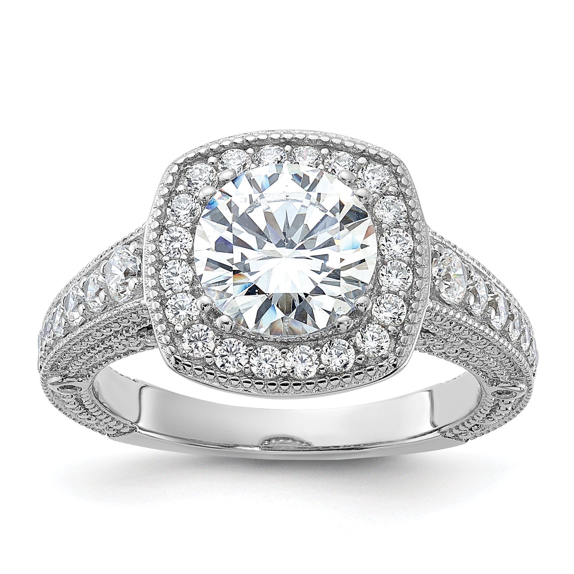 Sterling Silver Rhodium-plated 8mm Center CZ Halo Ring Main image