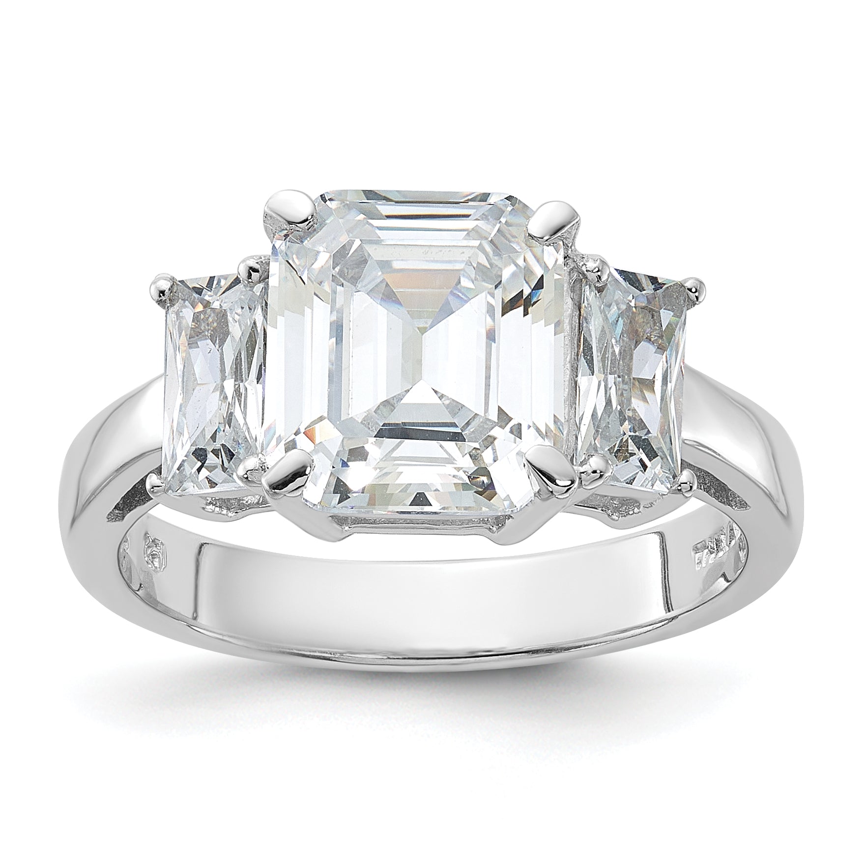 Sterling Silver Rhodium-plated Emerald-cut CZ 3-stone Ring Main image