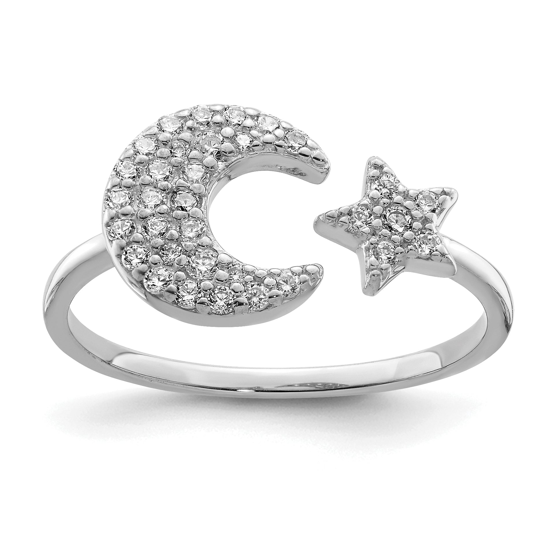 Sterling Silver Rhodium Plated CZ Star & Moon Ring Main image