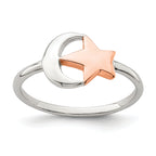 Sterling Silver Rose Tone Moon & Star Ring