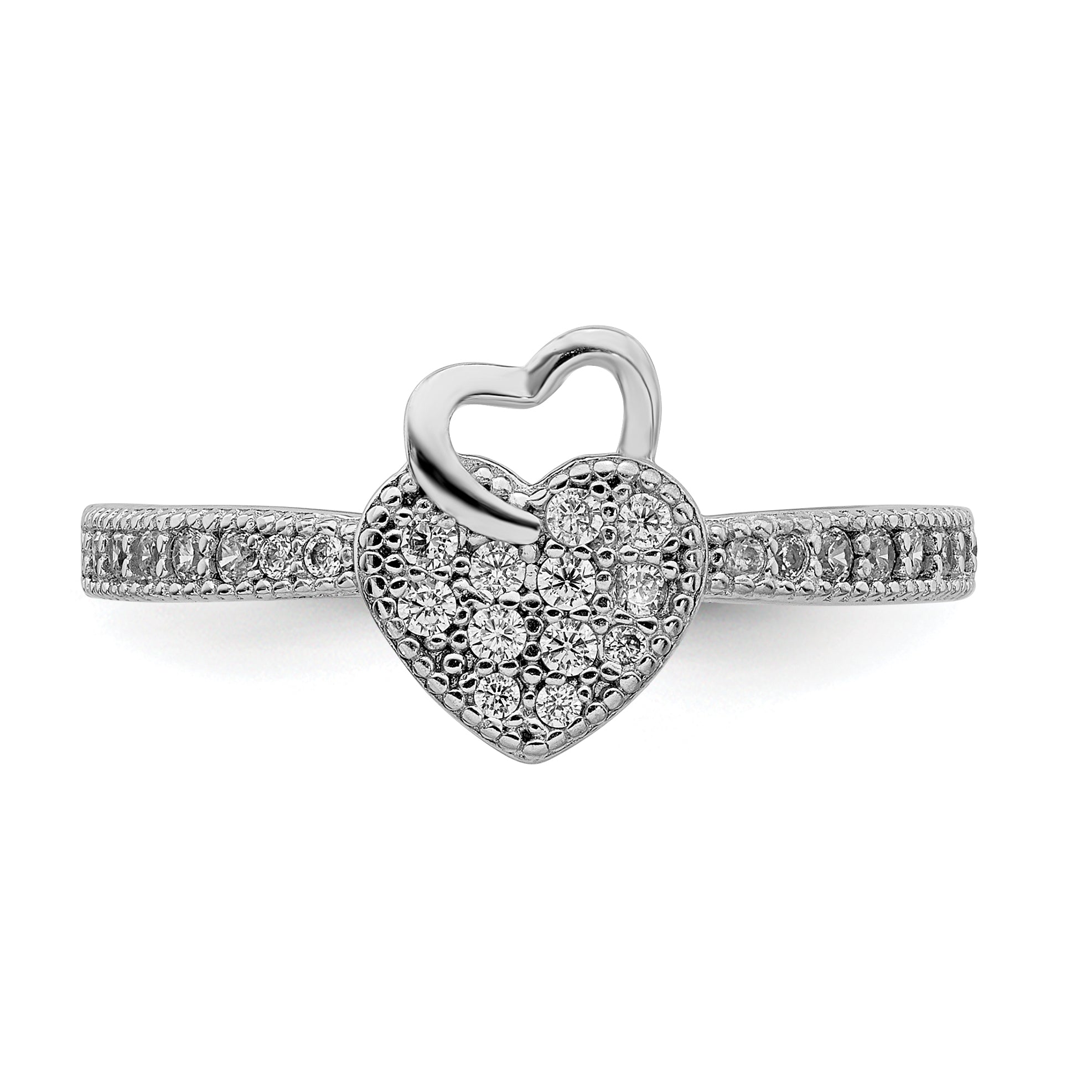 Sterling Silver Hearts Rhodium-Plated plated Cubic Zirconi Ring