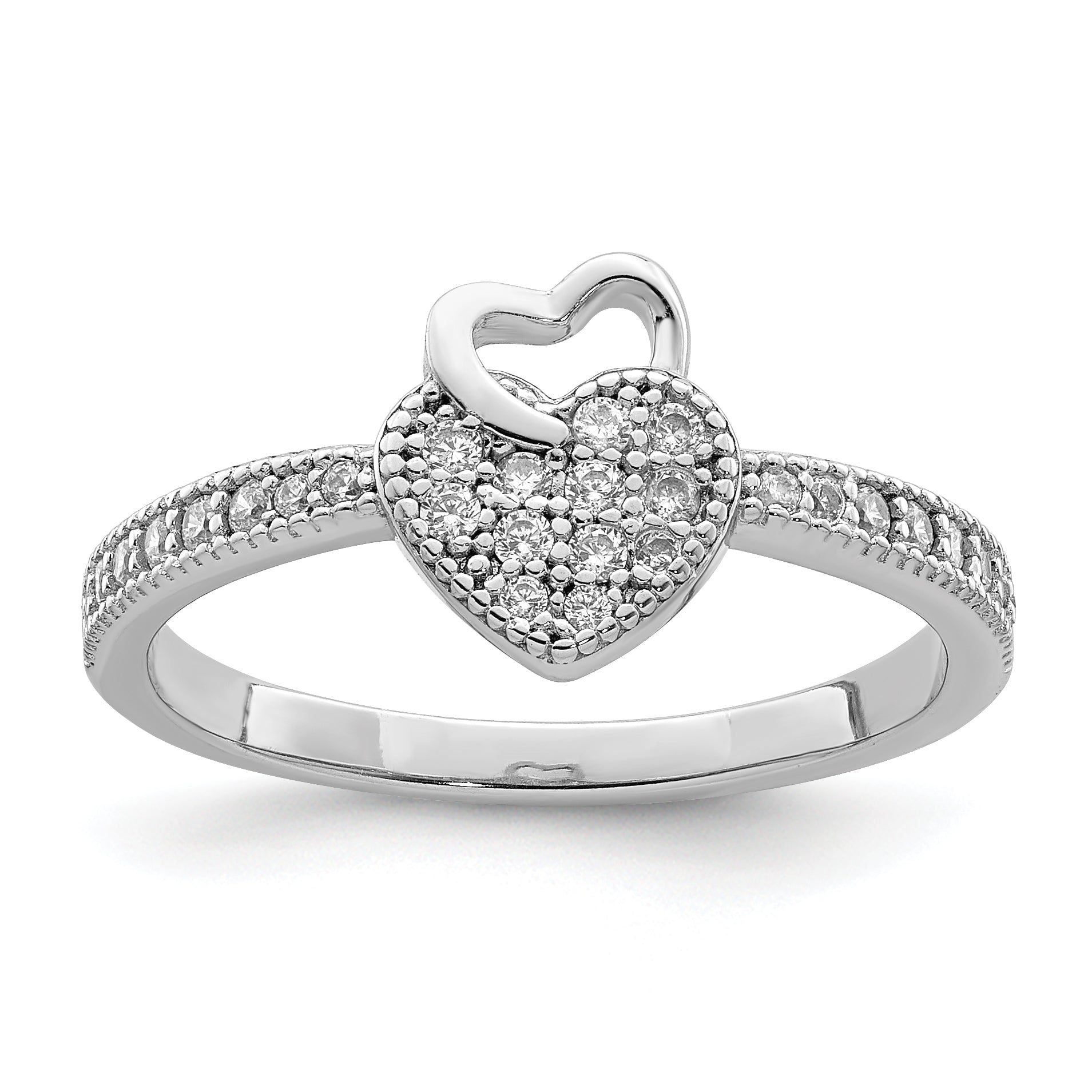 Sterling Silver Hearts Rhodium-Plated plated Cubic Zirconi Ring