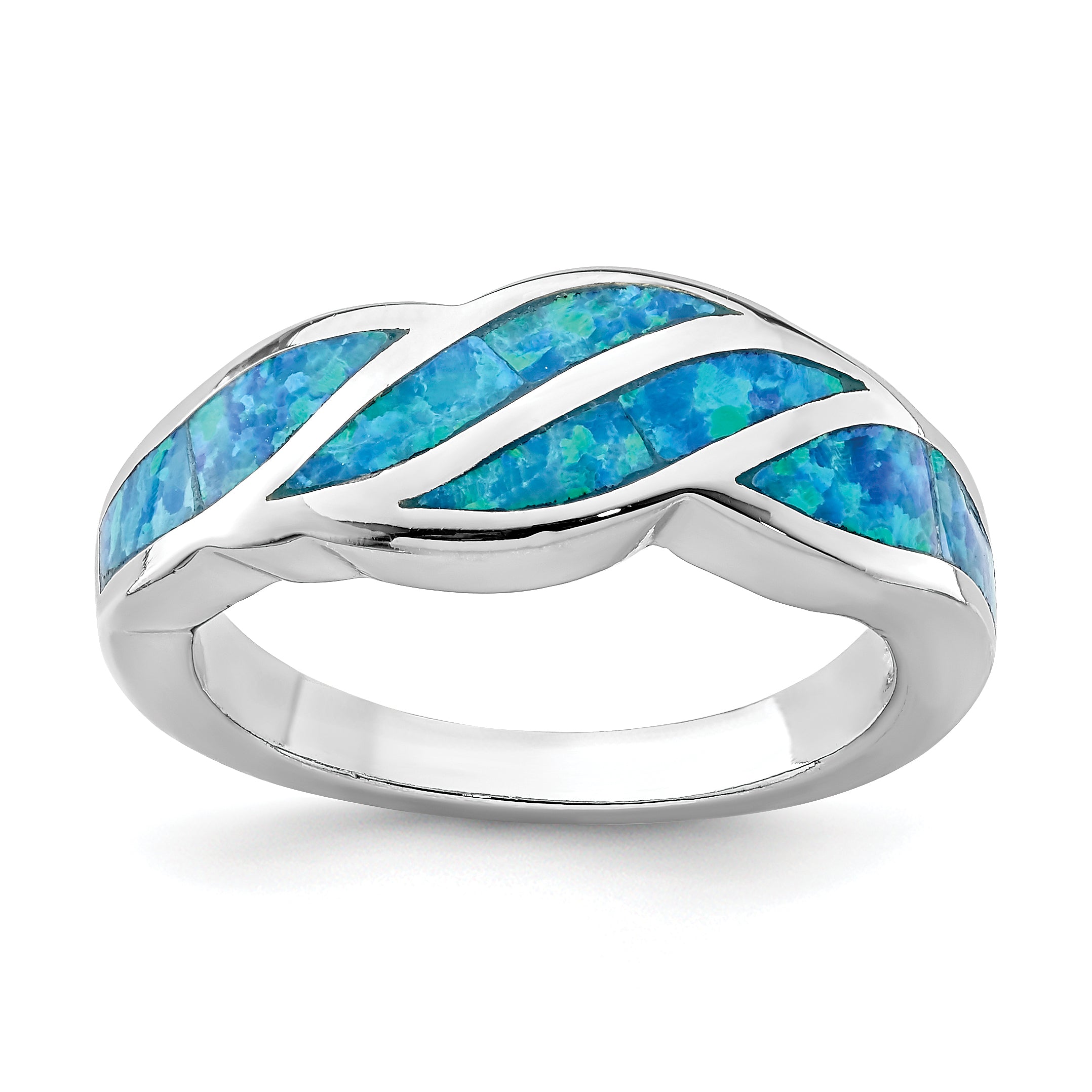 Sterling Silver Rhodium-plated Created Blue Opal Inlay Ring Main image