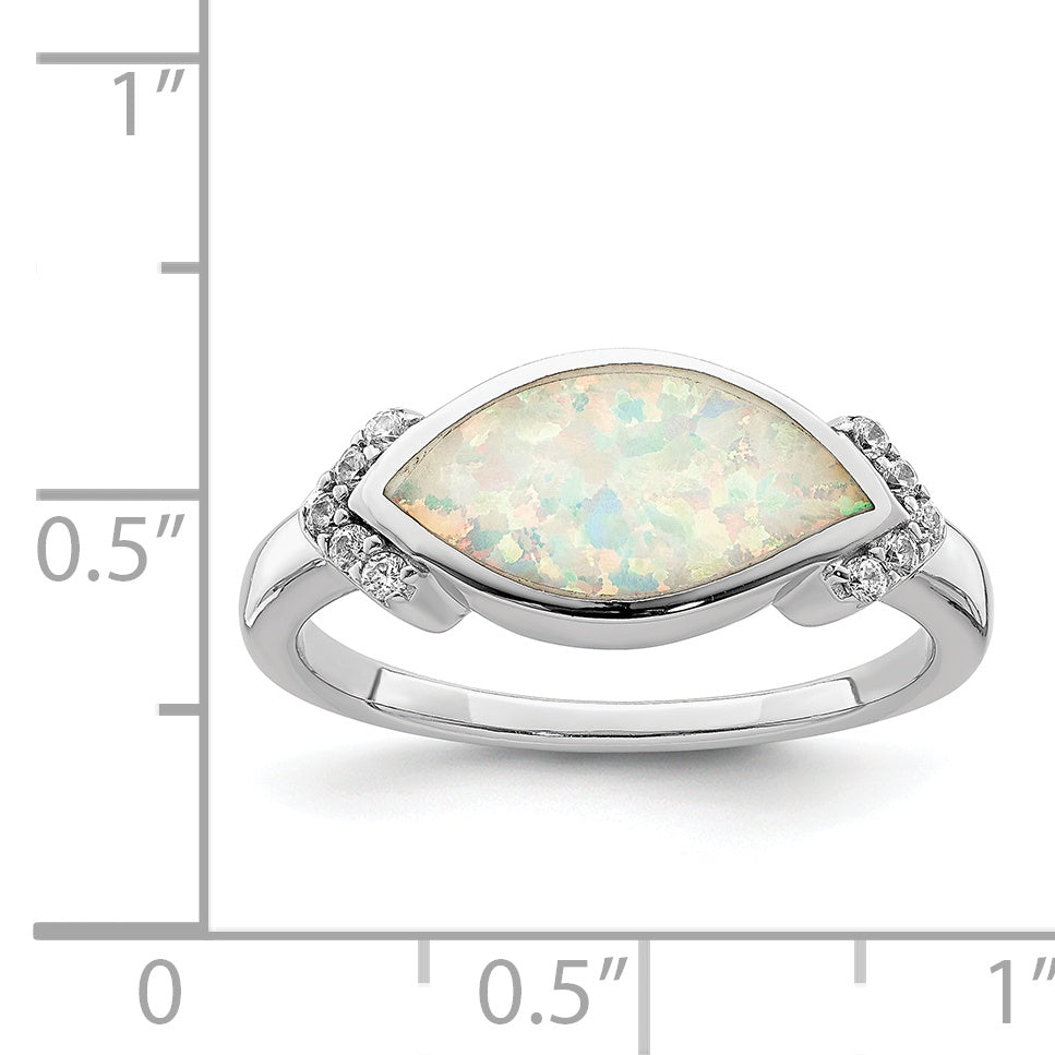 Sterling Silver Rhodium-Plated Marquise Lab created Opal & Cubic Zirconi Ring