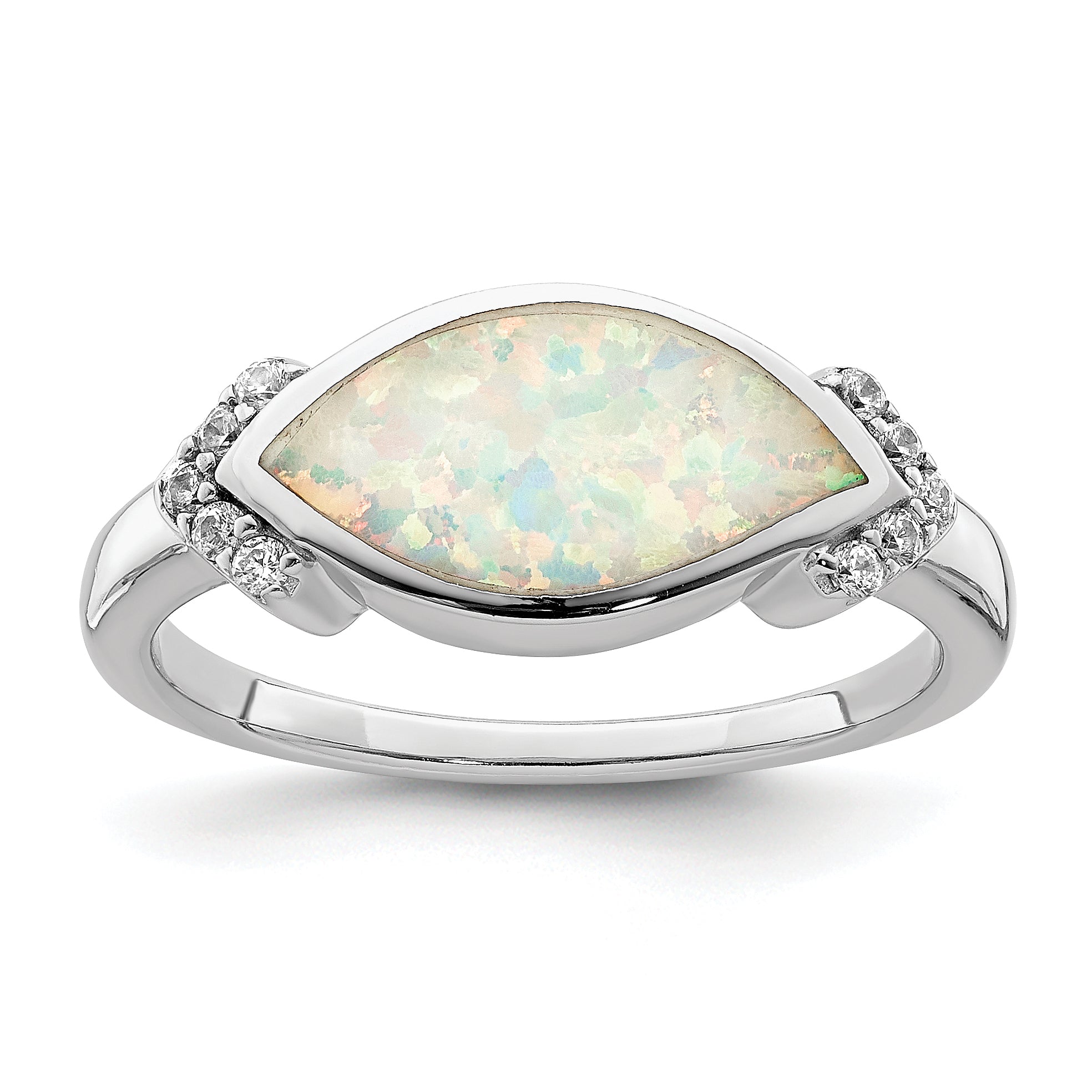 Sterling Silver Rhodium-Plated Marquise Lab created Opal & Cubic Zirconi Ring Main image