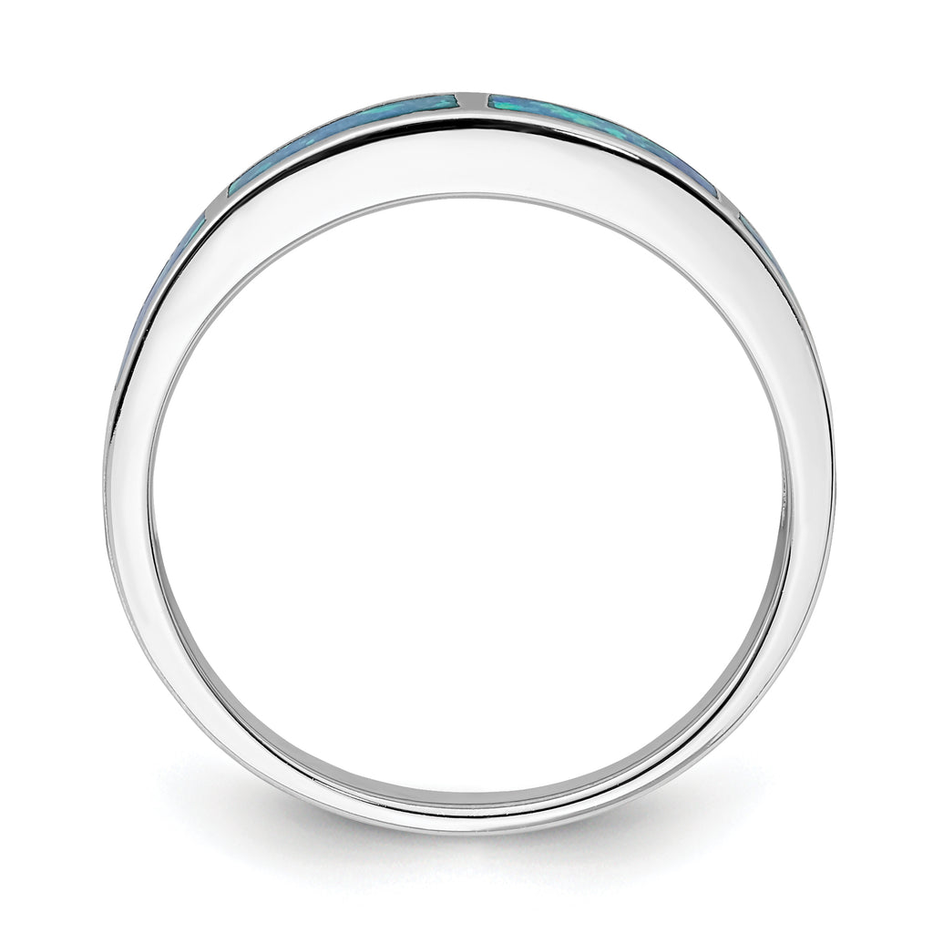 Sterling Silver Rhodium-Plated Lab Created Blue Opal Inlay Band