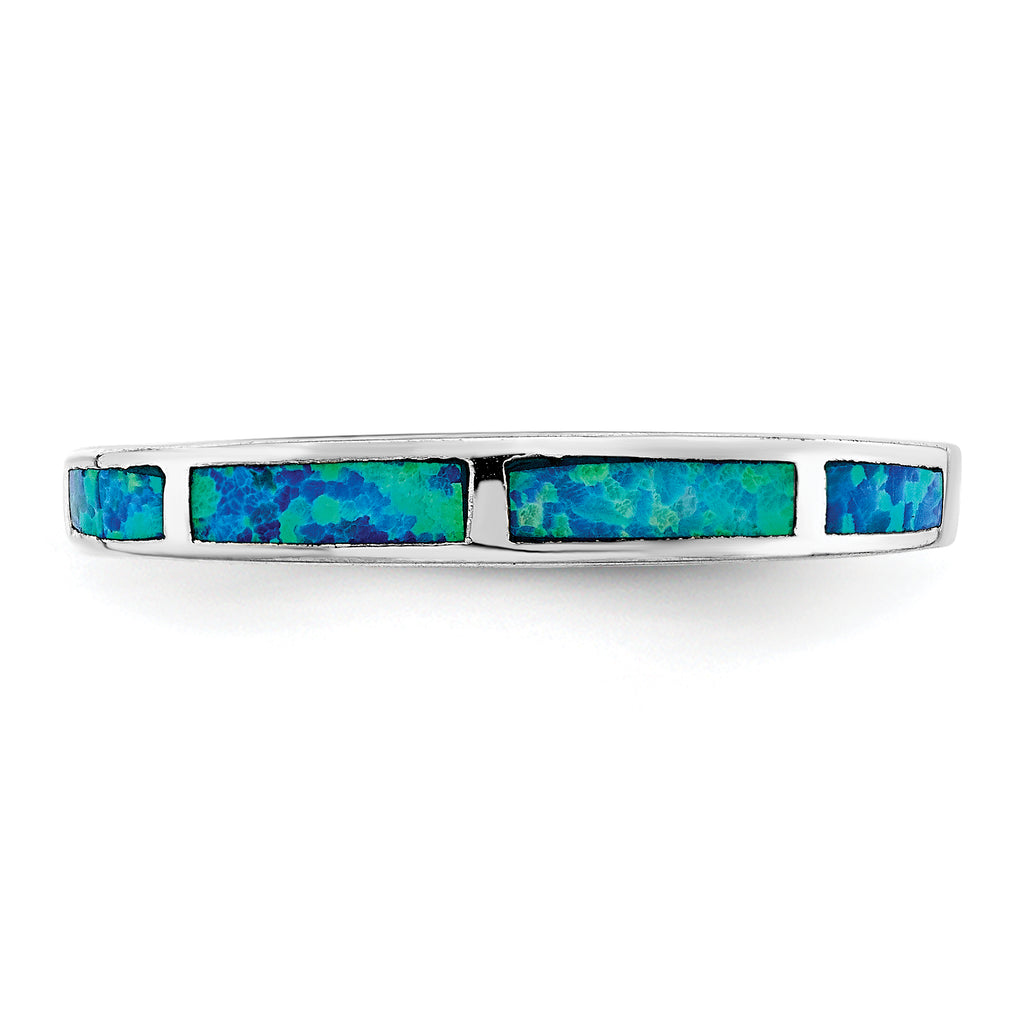 Sterling Silver Rhodium-Plated Lab Created Blue Opal Inlay Band