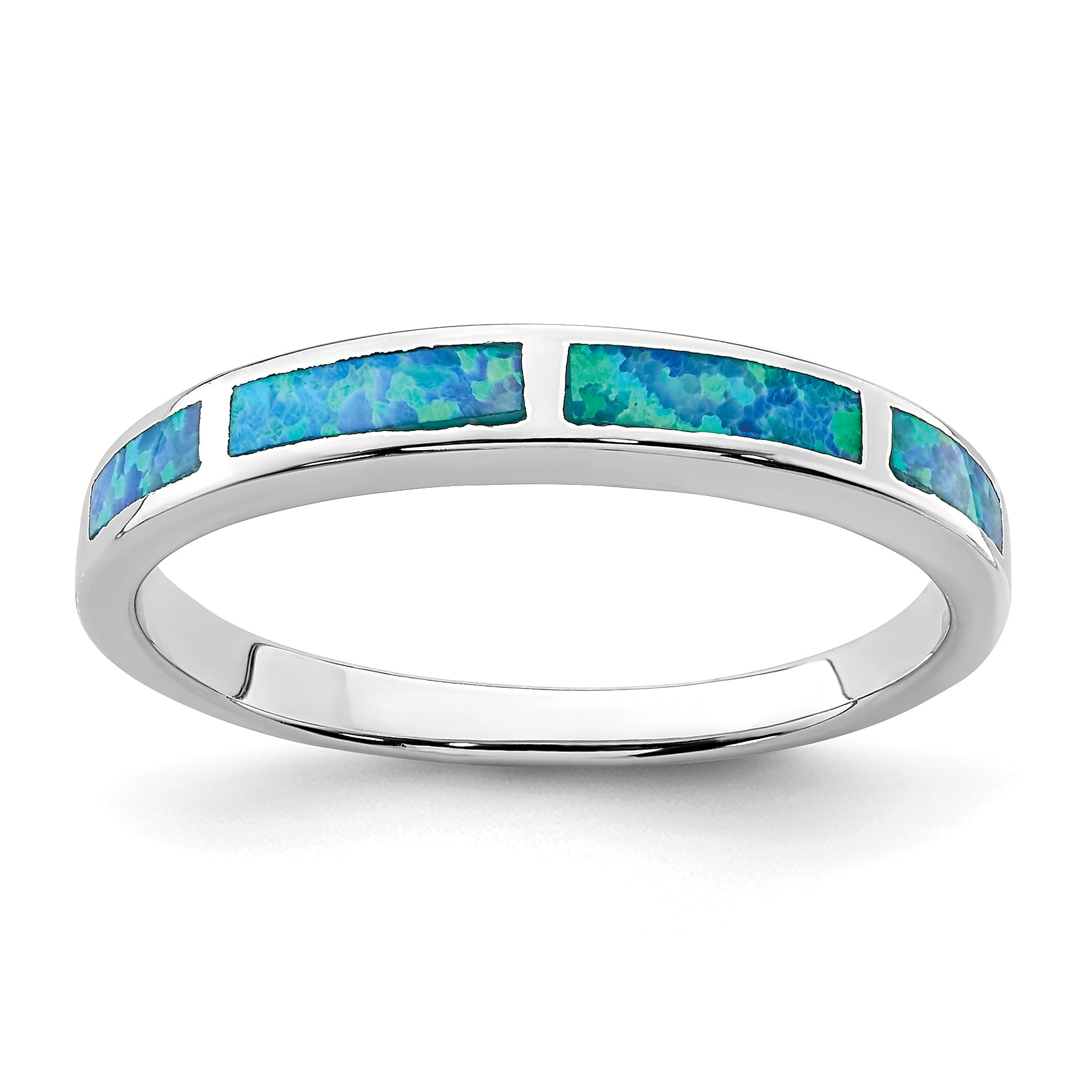 Sterling Silver Rhodium-Plated Lab Created Blue Opal Inlay Band Main image