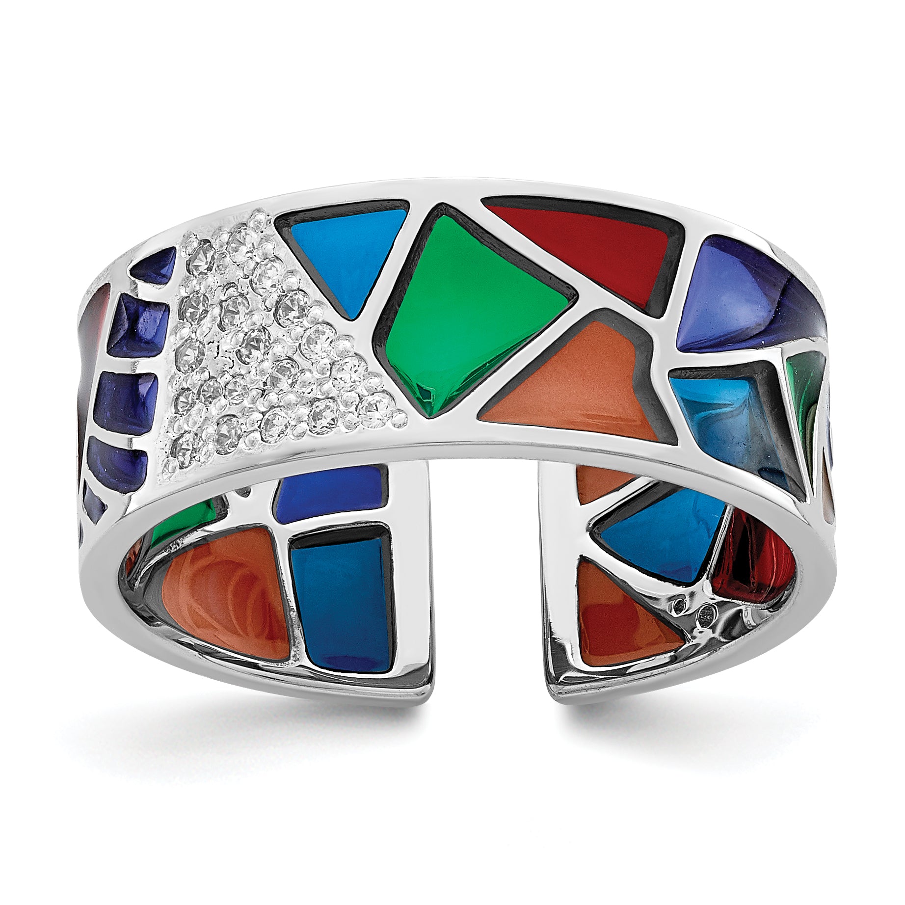 Sterling Silver Rhodium-plated Abstract Multi-color Enamel & CZ Cuff Ring Main image