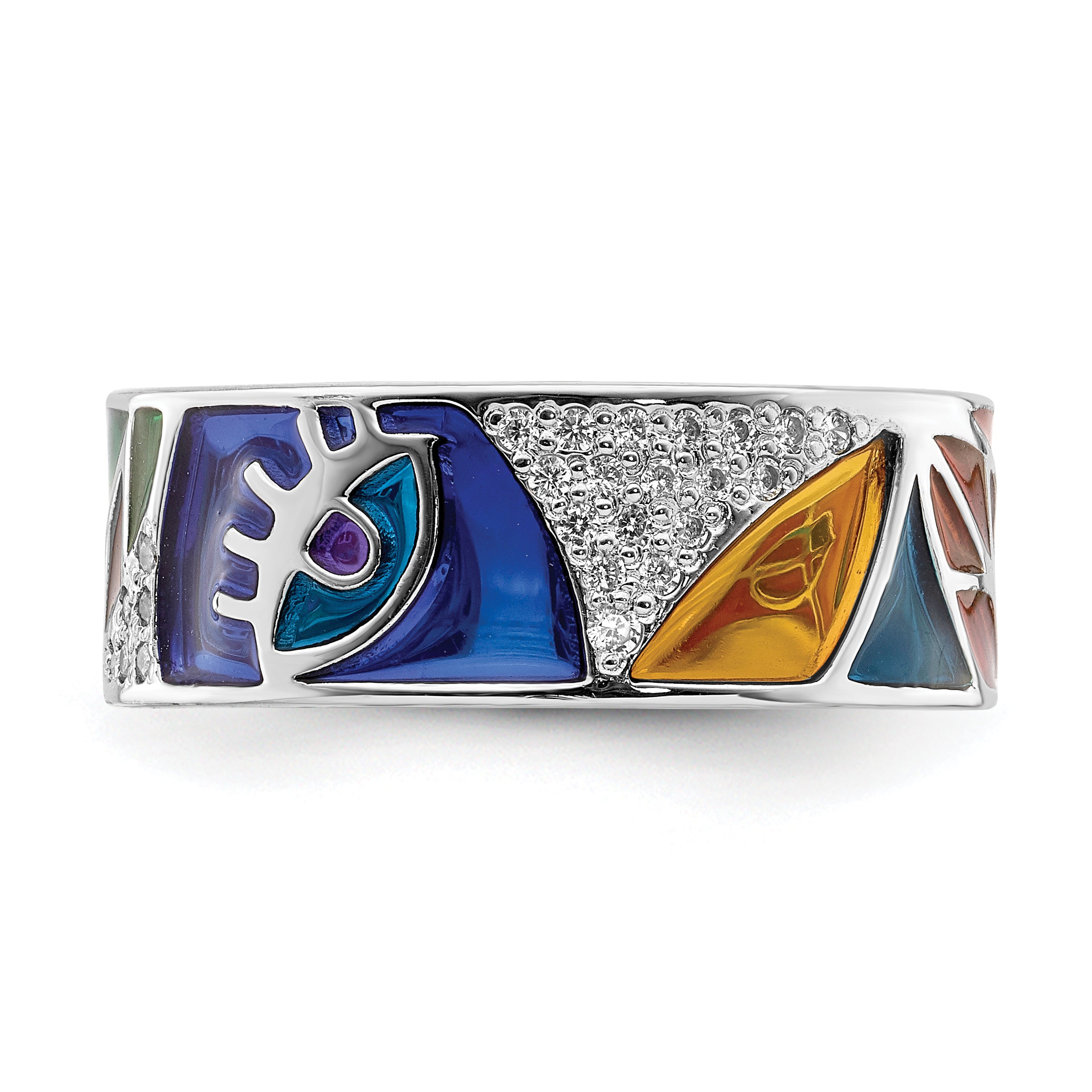 Sterling Silver Rhodium-Plated Abstract Multi-color Enamel & Cubic Zirconi Cuff Ring