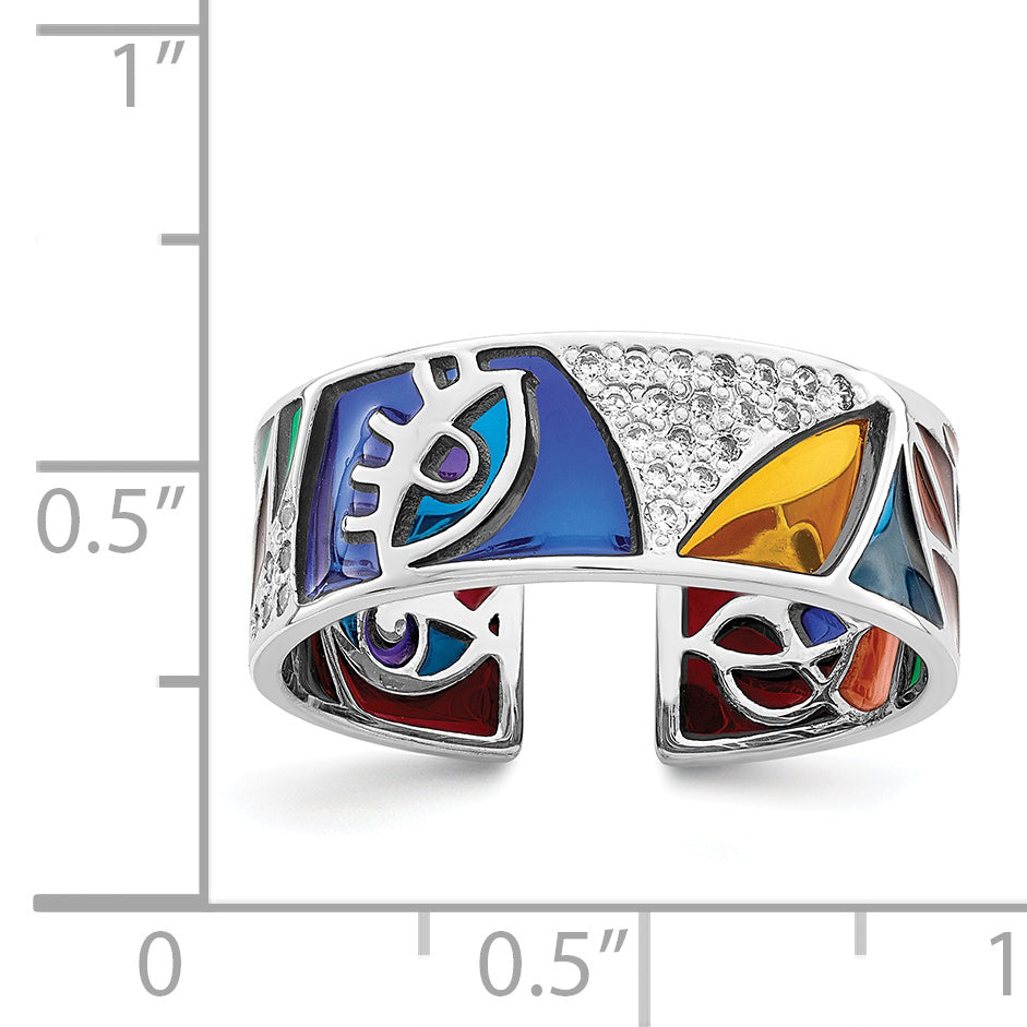 Sterling Silver Rhodium-Plated Abstract Multi-color Enamel & Cubic Zirconi Cuff Ring