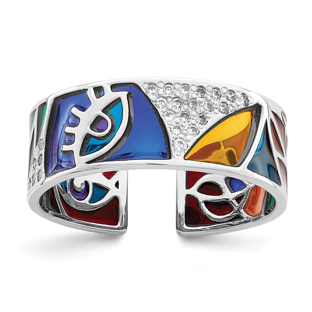 Sterling Silver Rhodium-Plated Abstract Multi-color Enamel & Cubic Zirconi Cuff Ring