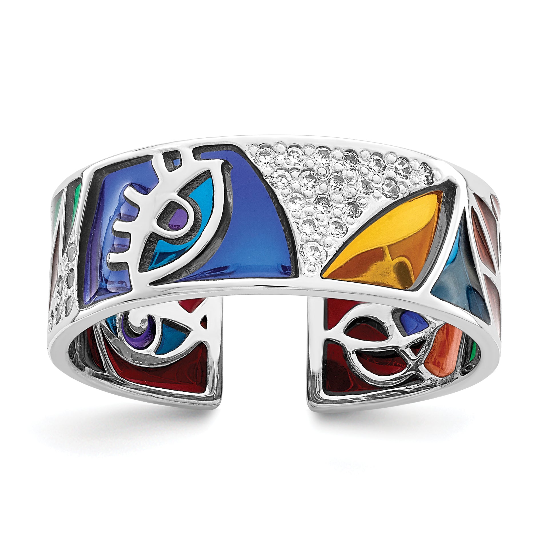 Sterling Silver Rhodium-Plated Abstract Multi-color Enamel & Cubic Zirconi Cuff Ring