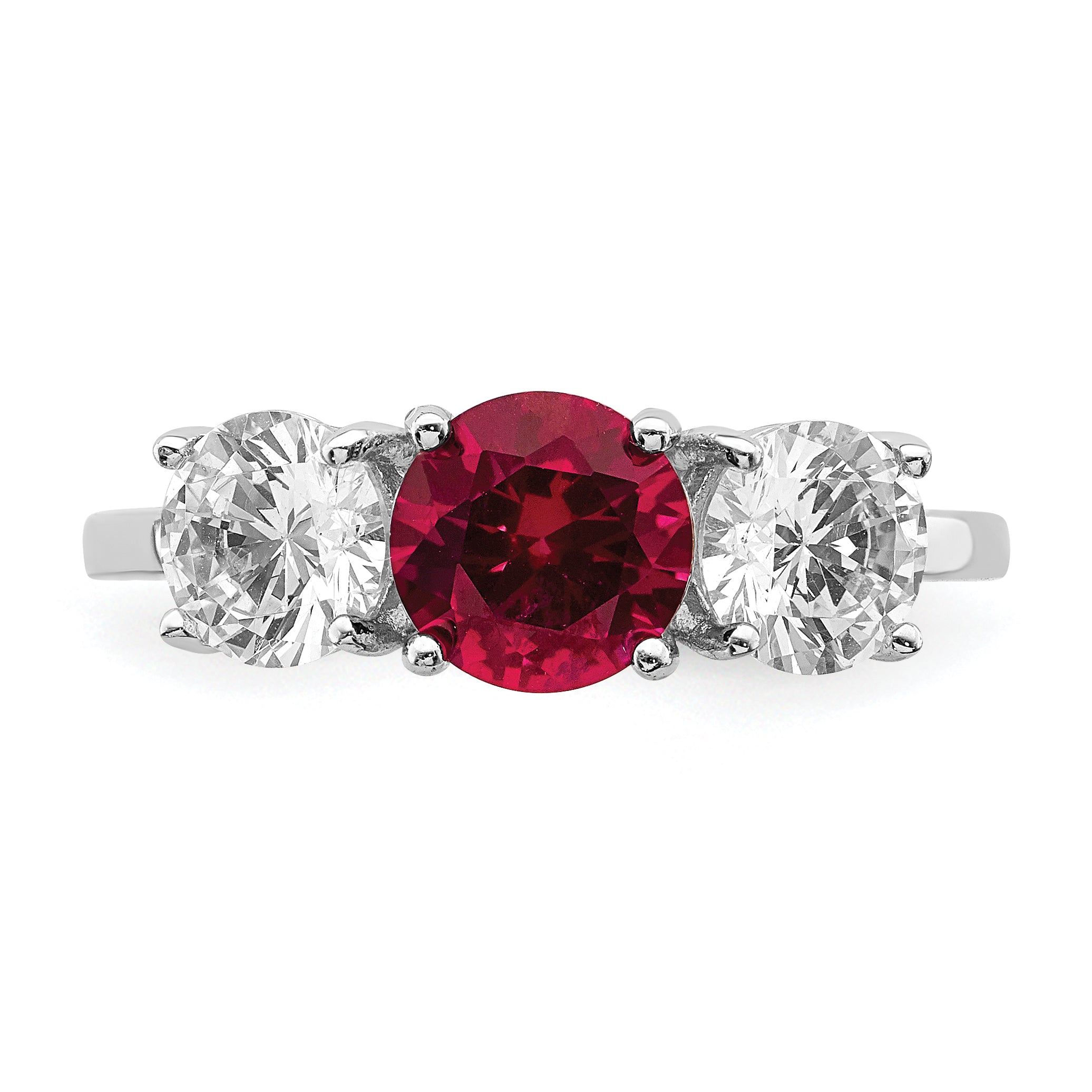 Sterling Silver Rhodium-plated Created Corundum & CZ 3 Stone Ring