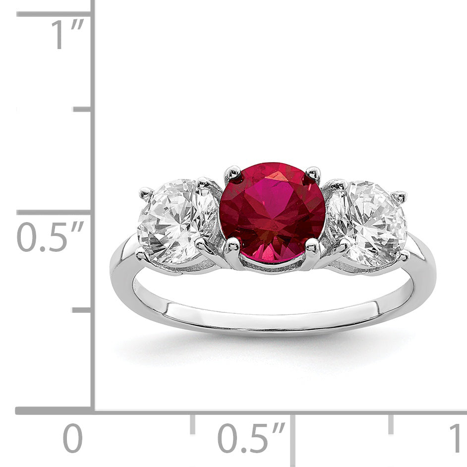 Sterling Silver Rhodium-plated Created Corundum & CZ 3 Stone Ring