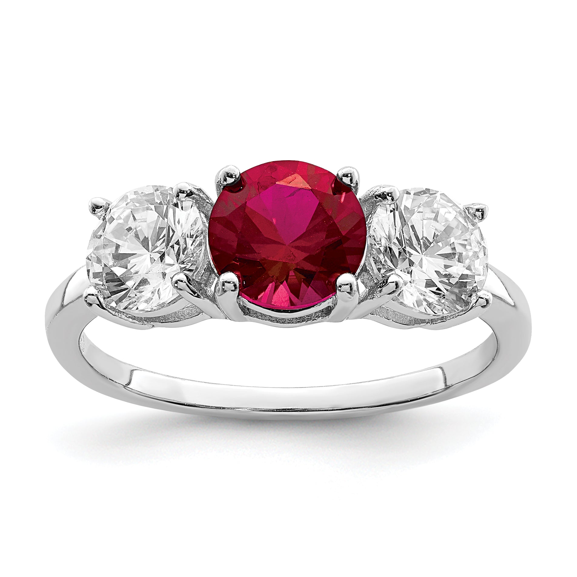 Sterling Silver Rhodium-plated Created Corundum & CZ 3 Stone Ring