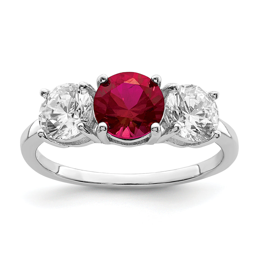 Sterling Silver Rhodium-plated Created Corundum & CZ 3 Stone Ring